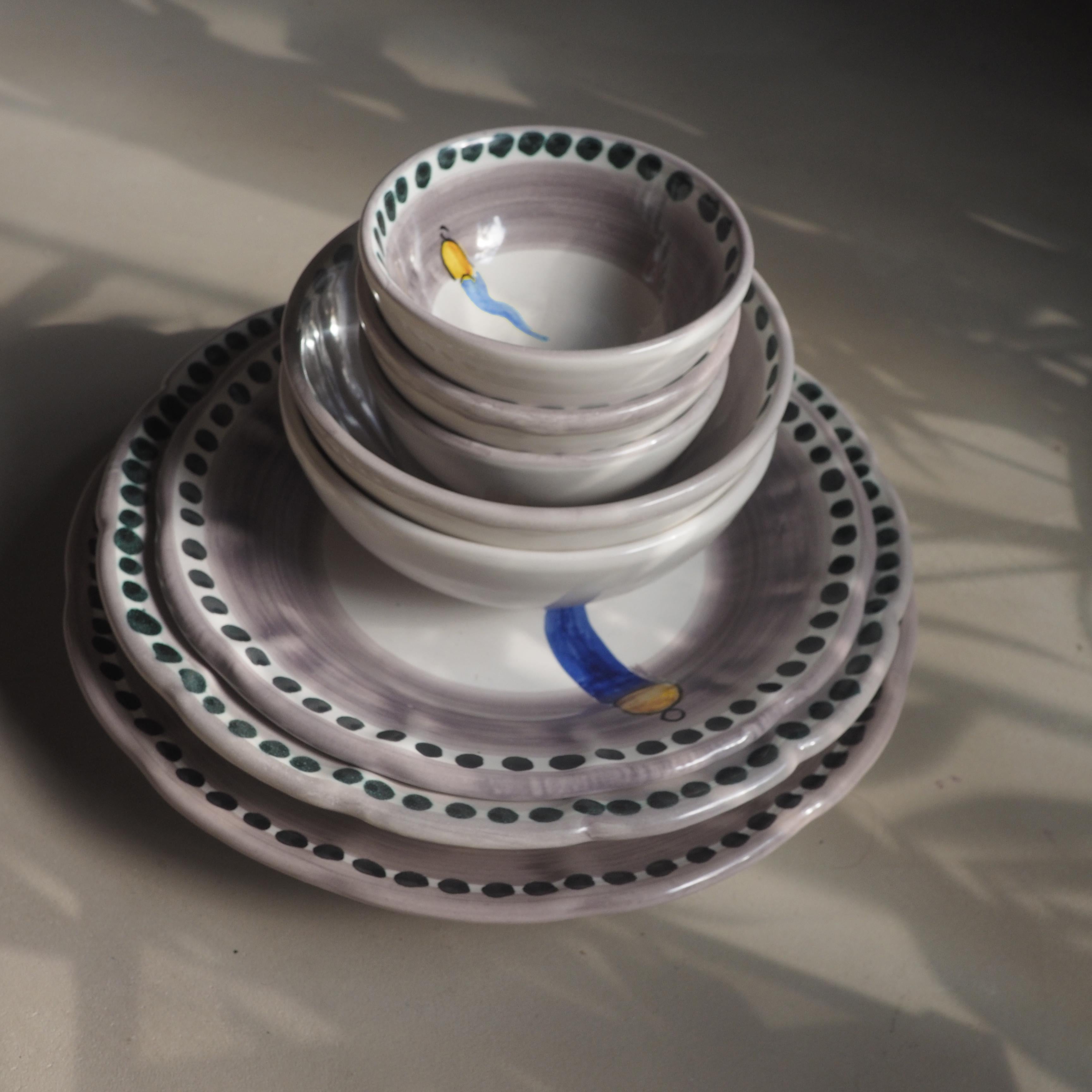 Italian 21st Century Medium Hand Painted Ceramic Bowl in Blue and White Handmade For Sale