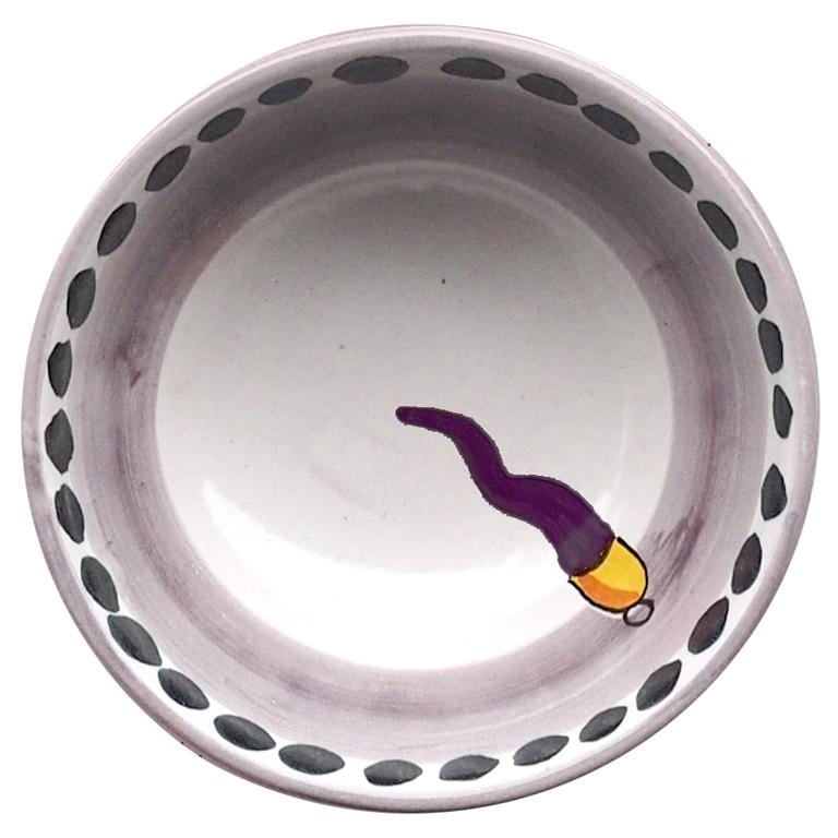 21st Century Medium Hand Painted Ceramic Bowl in Purple and White Handmade For Sale