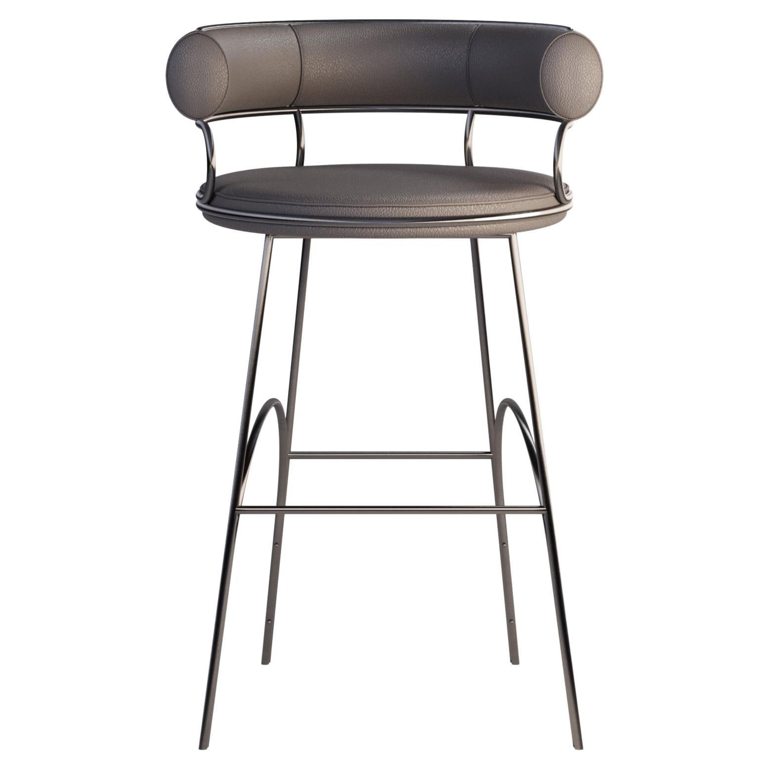 21st Century Metallic Austin Bar Chair Polished Gun Metal Steel Leather For Sale