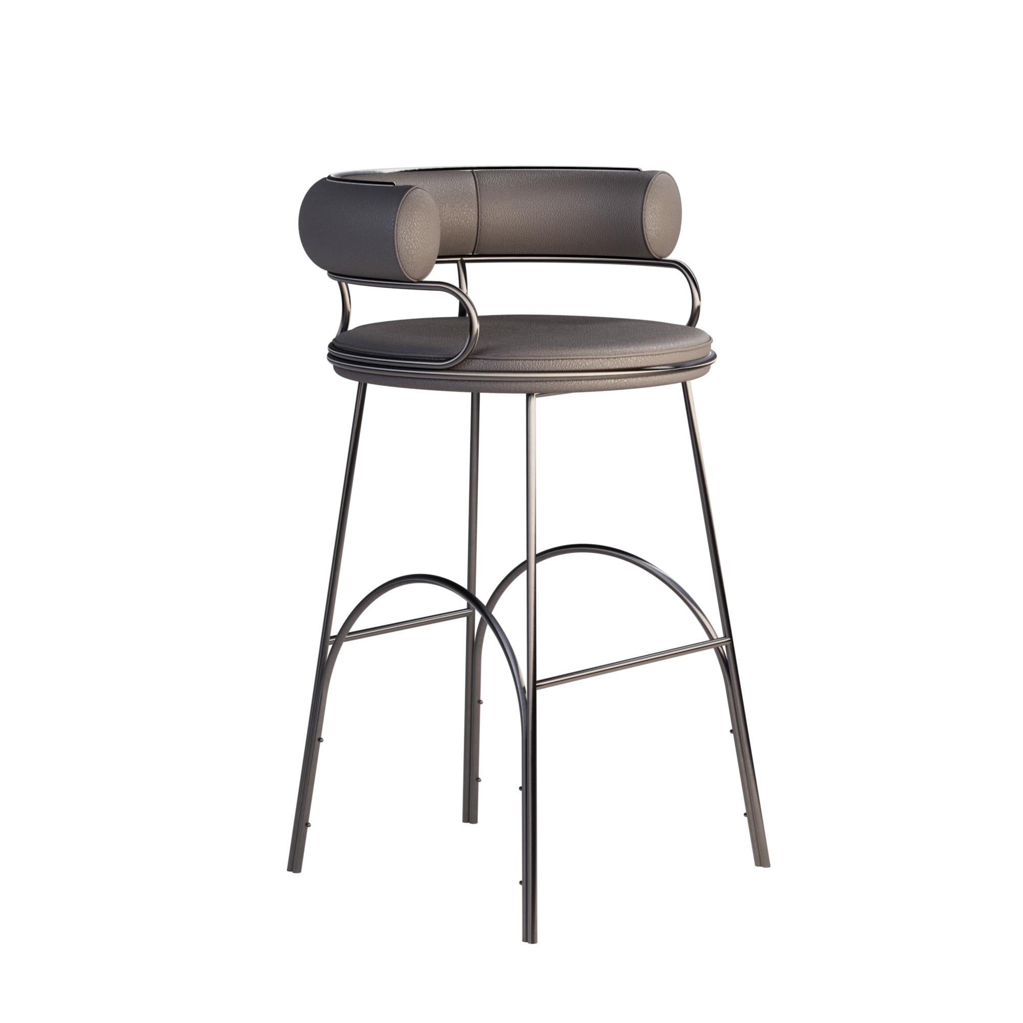 Contemporary 21st Century Metallic Austin Bar Chair Polished Gun Metal Steel Leather For Sale
