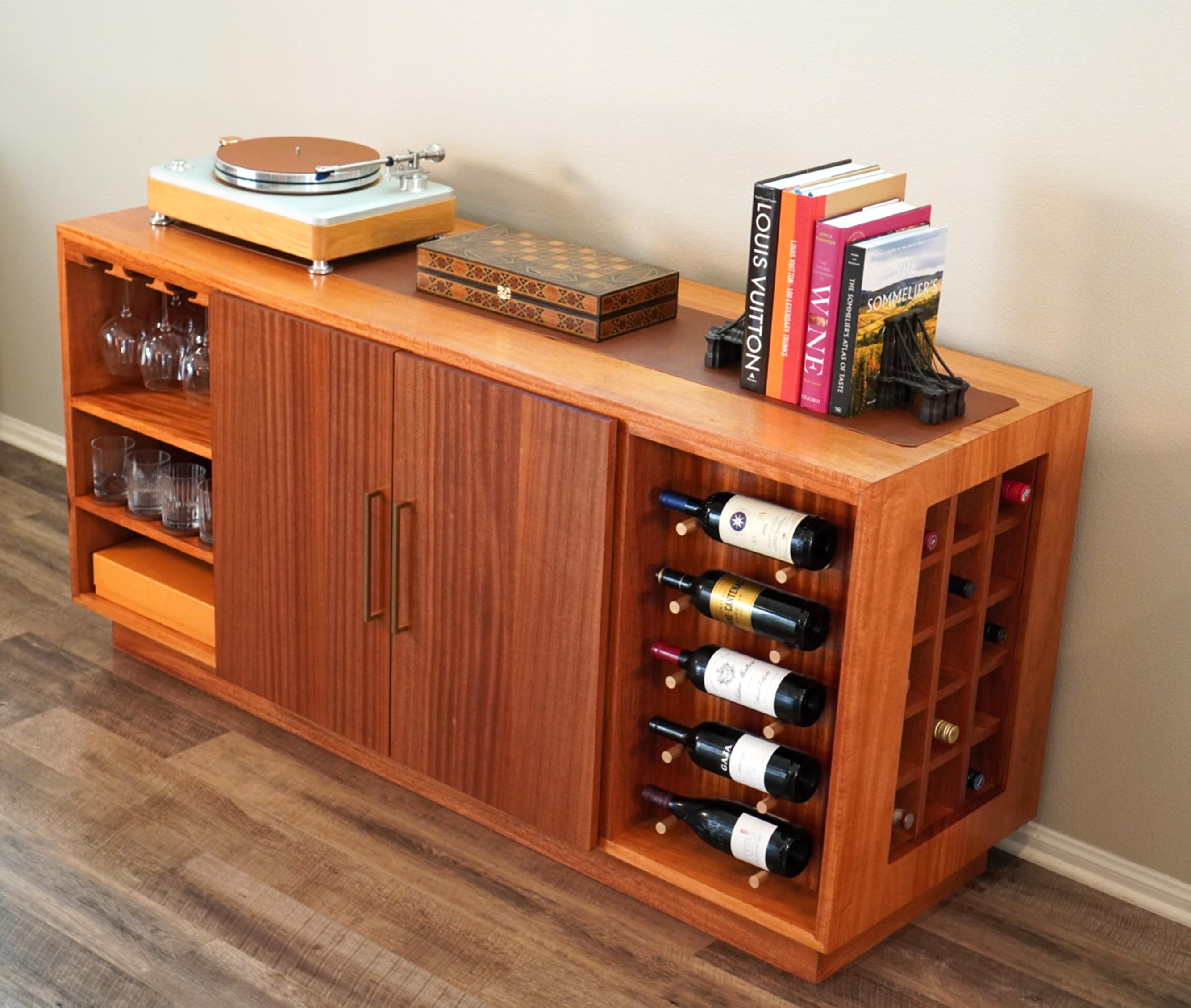 American 21st Century Mid-Century Modern Inspired Sapele Sideboard Wine & Liquor Cabinet  For Sale