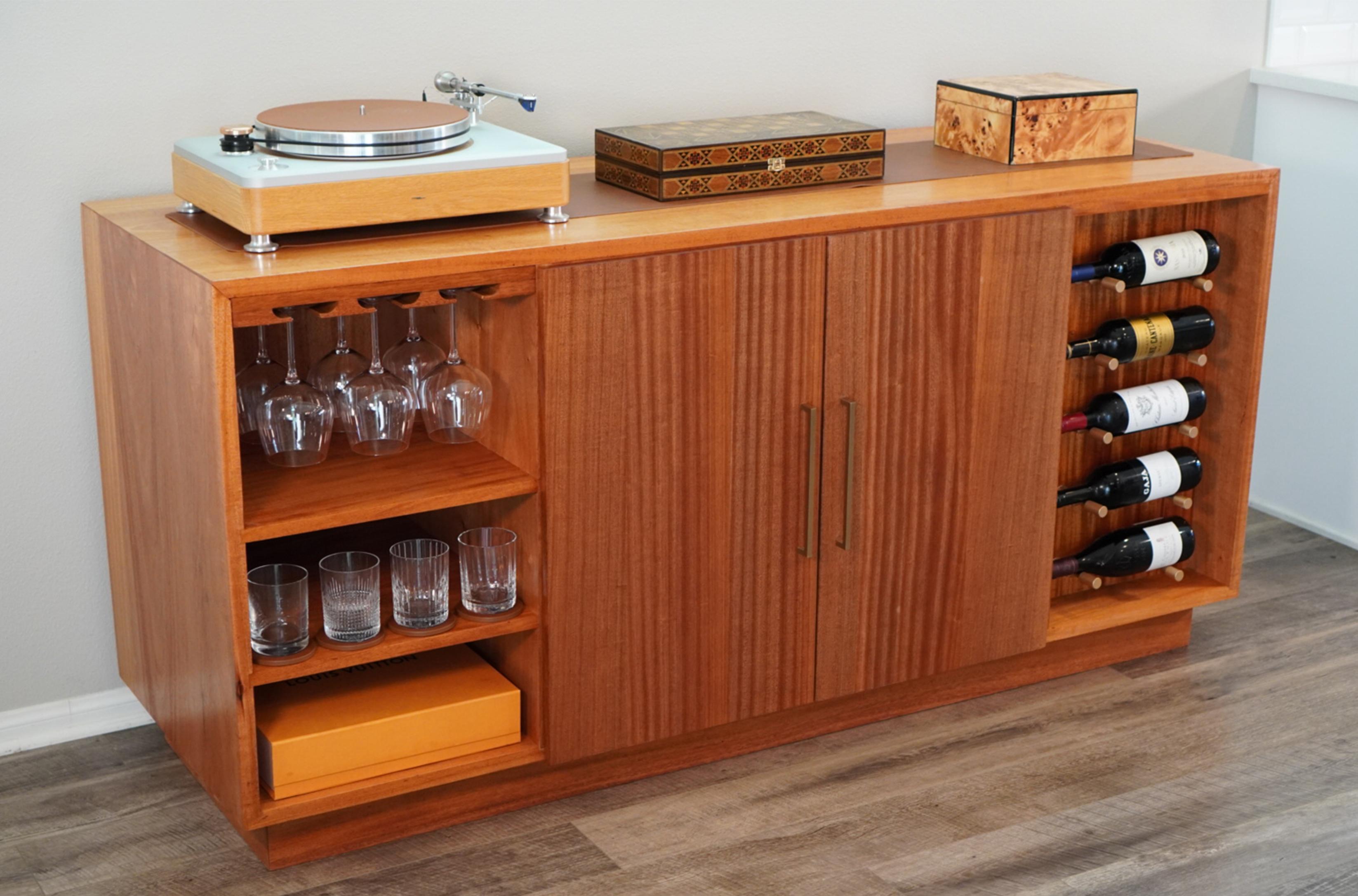 American 21st Century Mid-Century Modern Inspired Sapele Sideboard Wine & Liquor Cabinet  For Sale