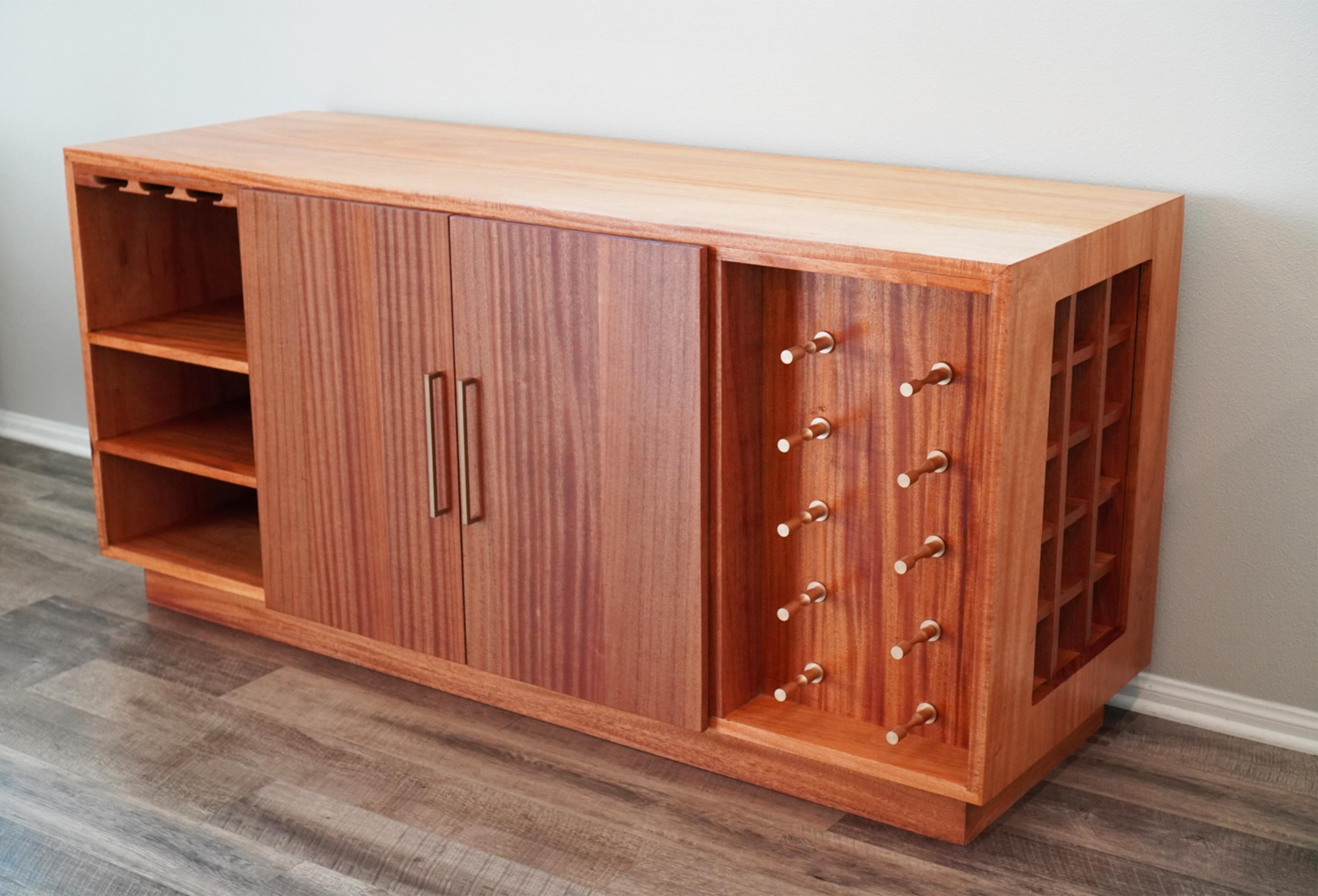 Hand-Crafted 21st Century Mid-Century Modern Inspired Sapele Sideboard Wine & Liquor Cabinet  For Sale