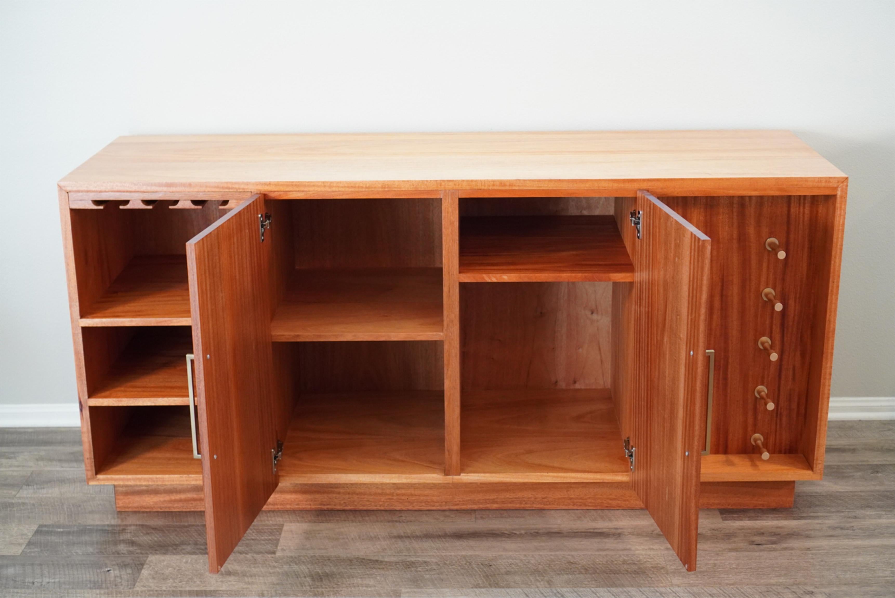 21st Century Mid-Century Modern Inspired Sapele Sideboard Wine & Liquor Cabinet  In New Condition For Sale In Oakhurst, NJ