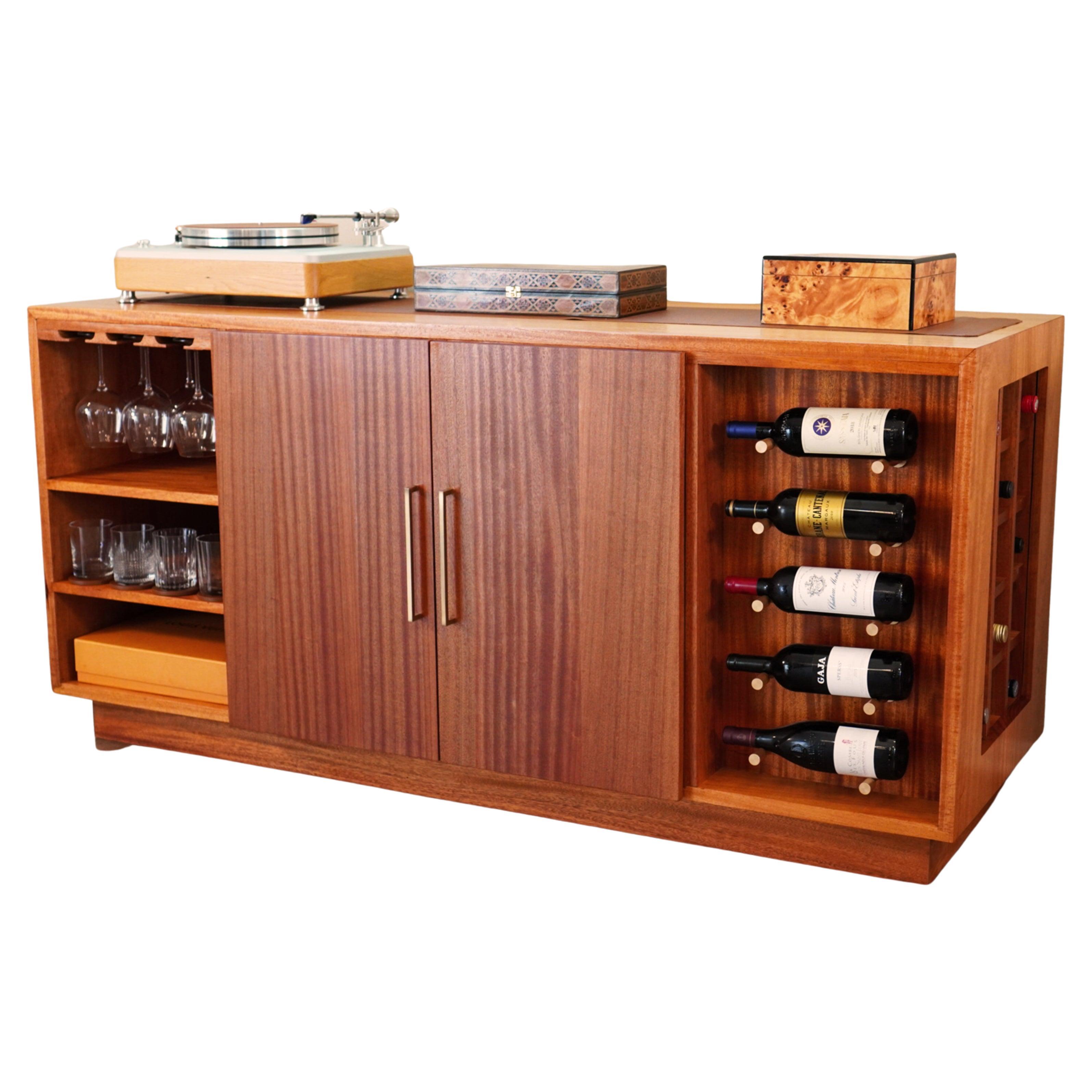 21st Century Mid-Century Modern Inspired Sapele Sideboard Wine & Liquor Cabinet  For Sale