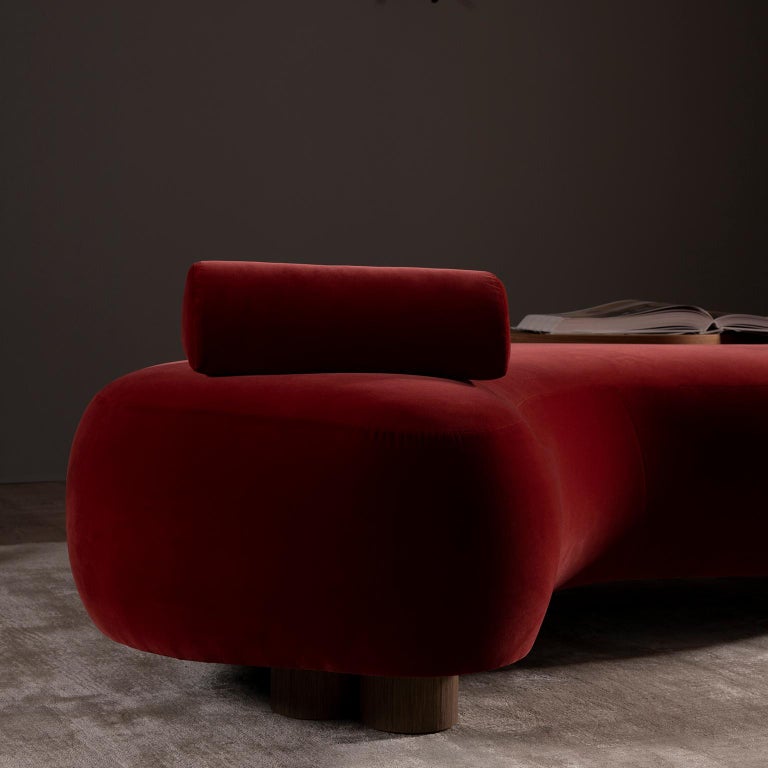 Minho Chaise Longue Red Velvet Walnut Handcrafted by  Greenapple - Ready to Ship For Sale 6