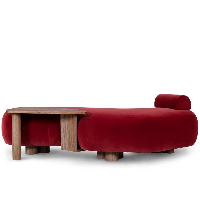 Contemporary Minho Chaise Longue Red Velvet Walnut Handcrafted by  Greenapple - Ready to Ship For Sale
