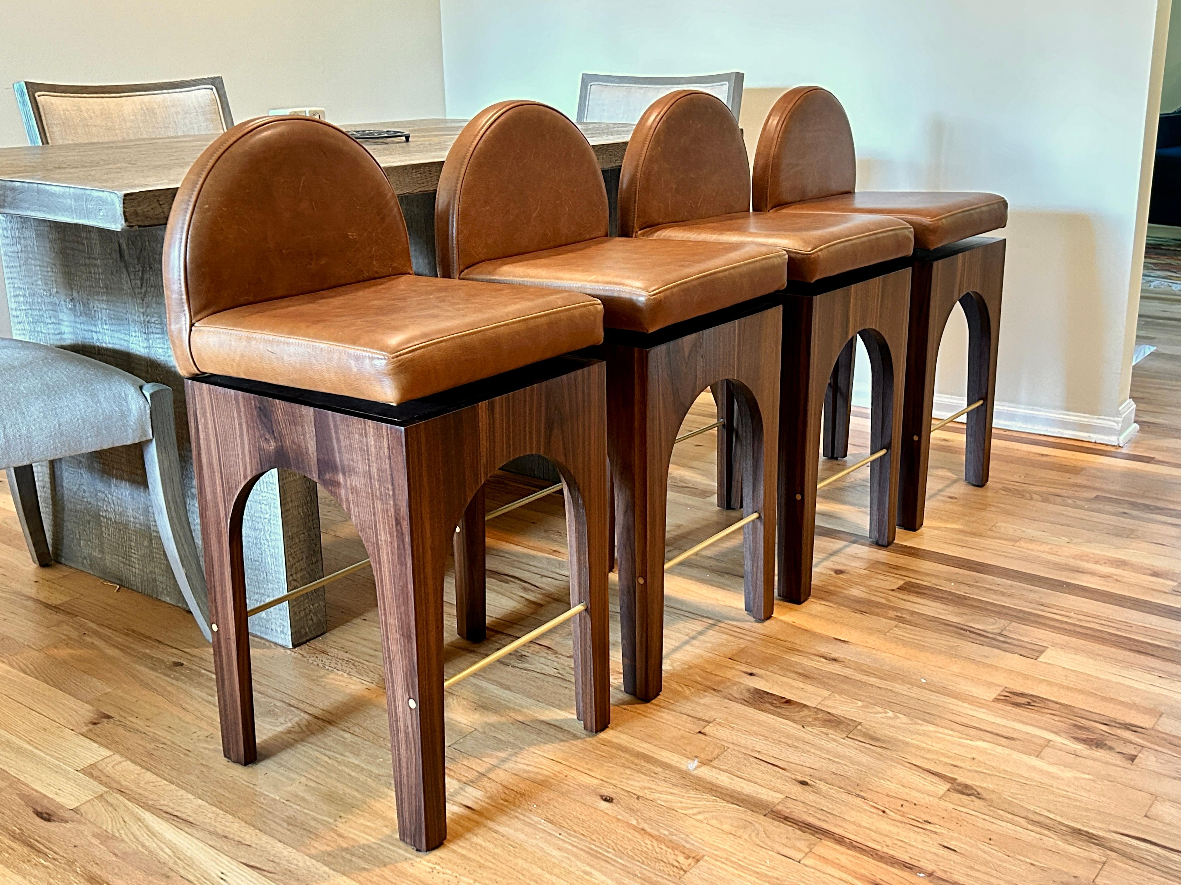 American 21st Century Minimalist Walnut and Leather Swivel Counter Stool