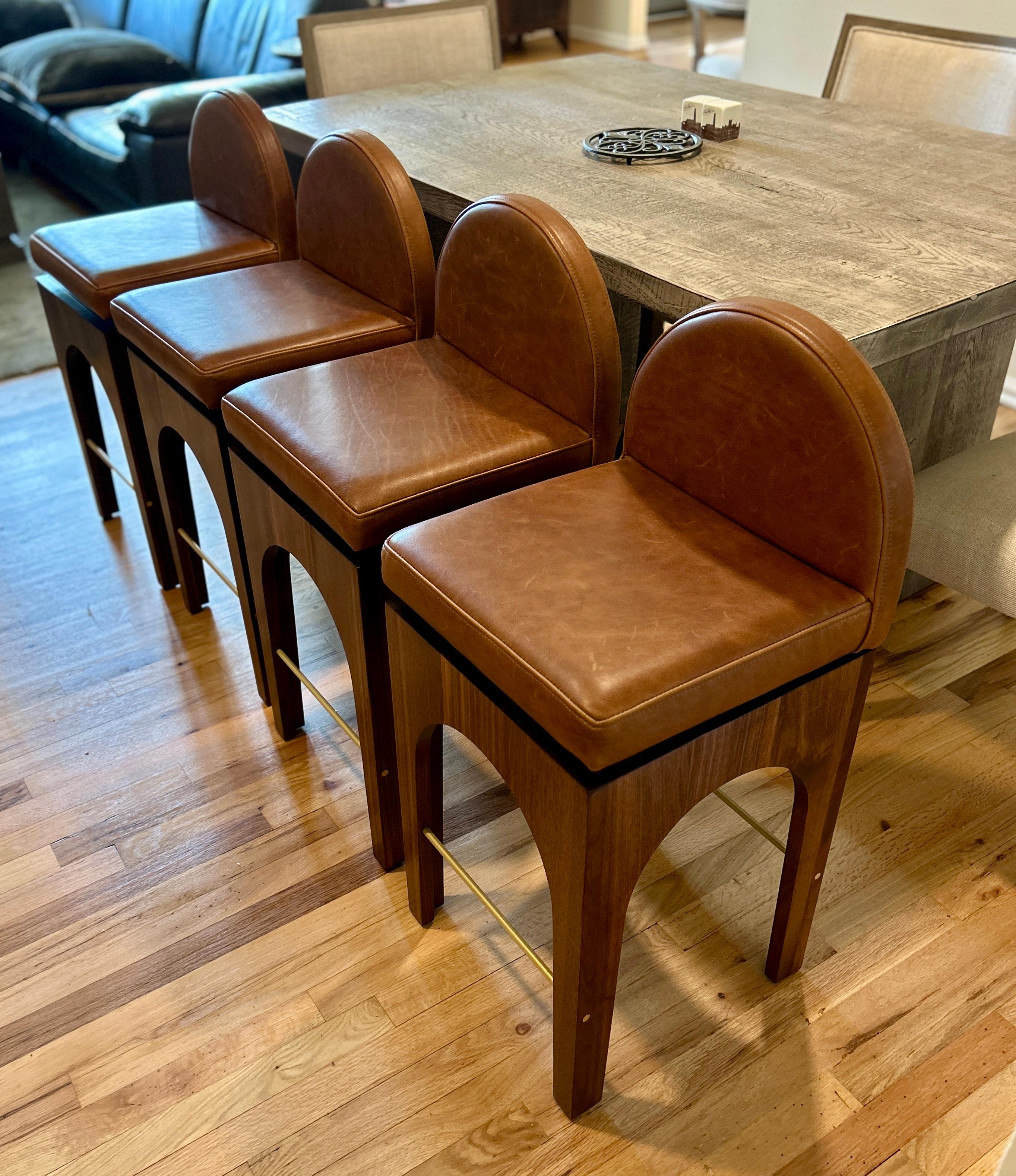 Hand-Crafted 21st Century Minimalist Walnut and Leather Swivel Counter Stool