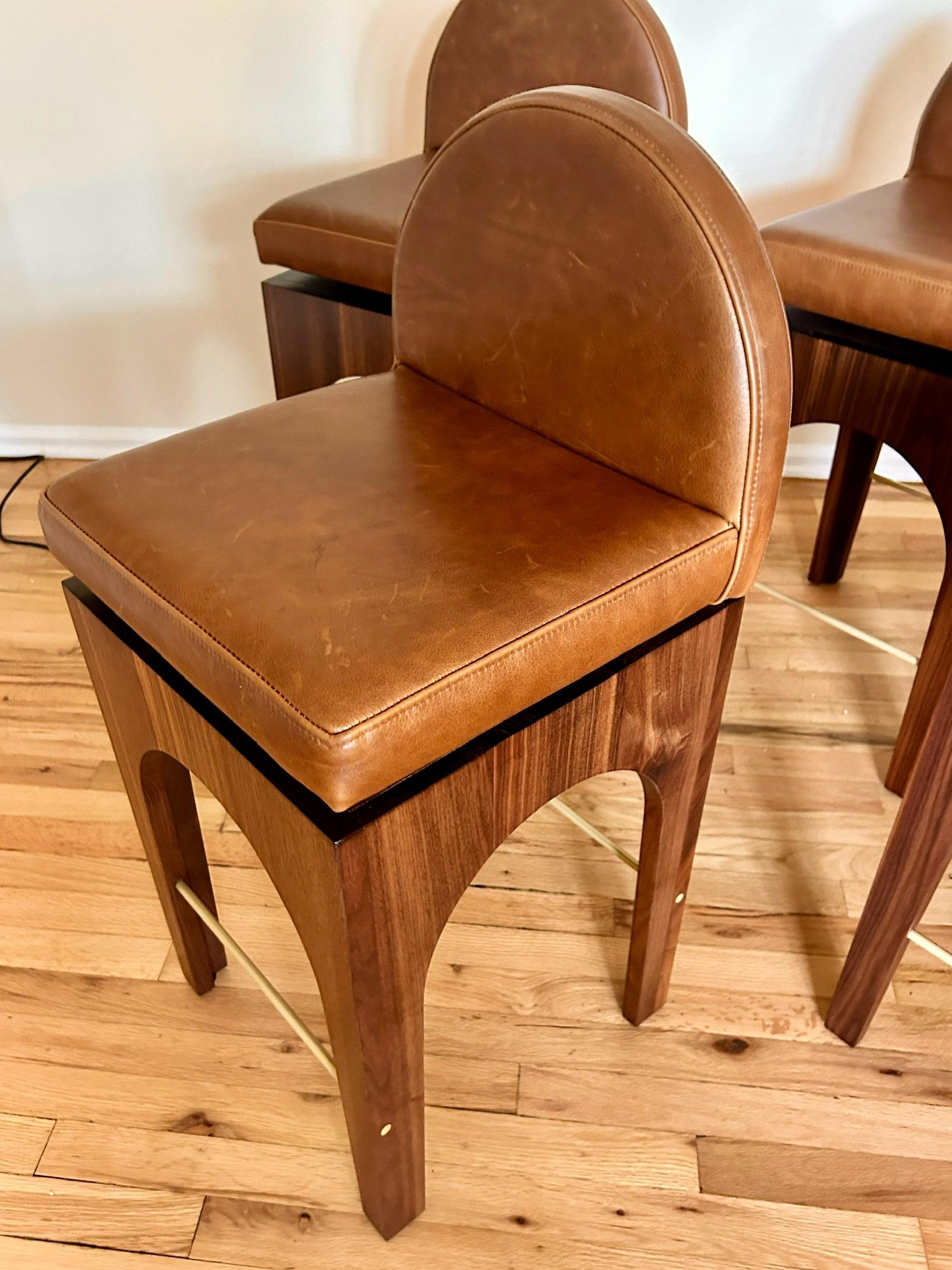 Contemporary 21st Century Minimalist Walnut and Leather Swivel Counter Stool