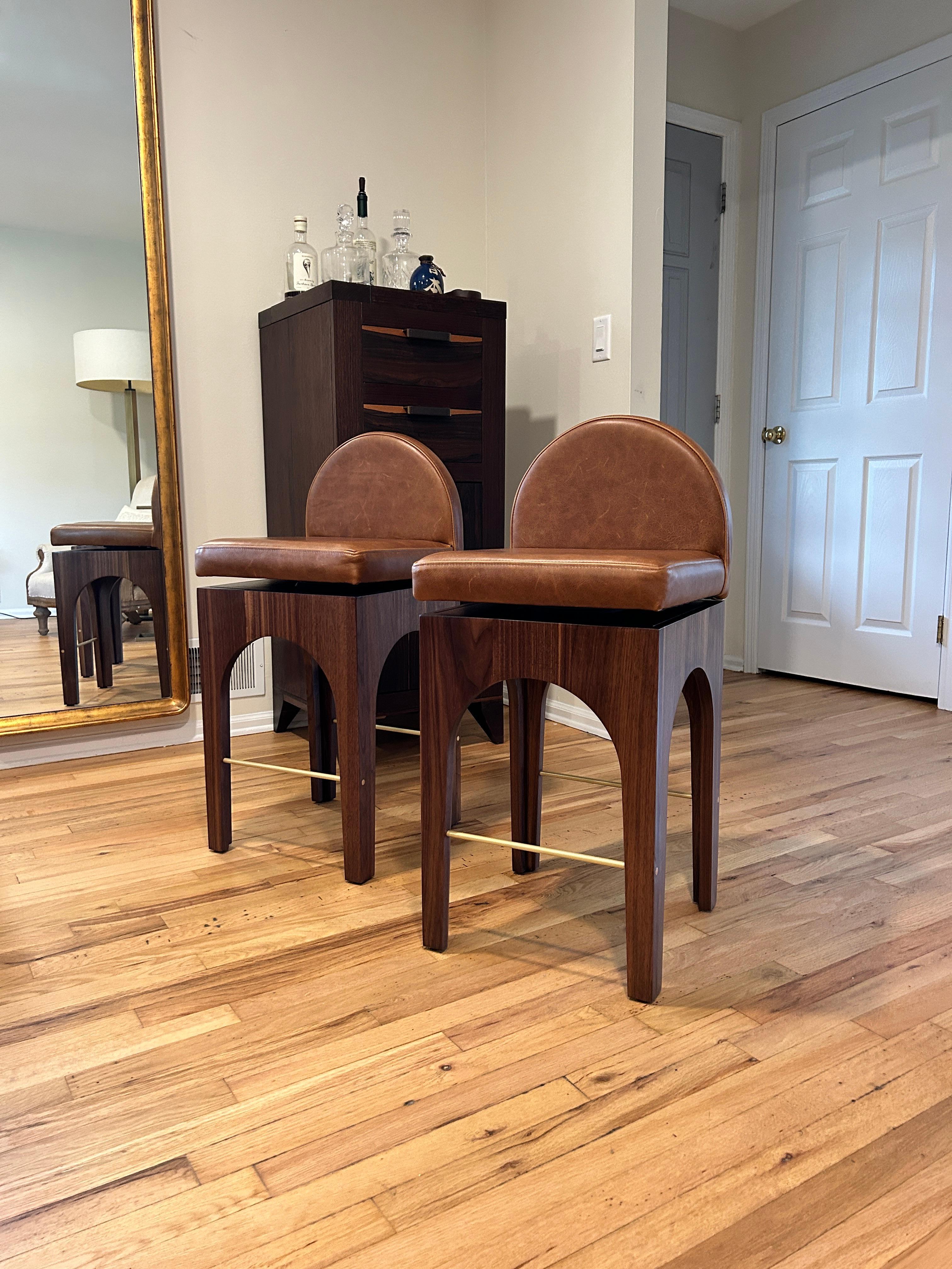 Steel 21st Century Minimalist Walnut and Leather Swivel Counter Stool