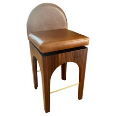 21st Century Minimalist Walnut and Leather Swivel Counter Stool