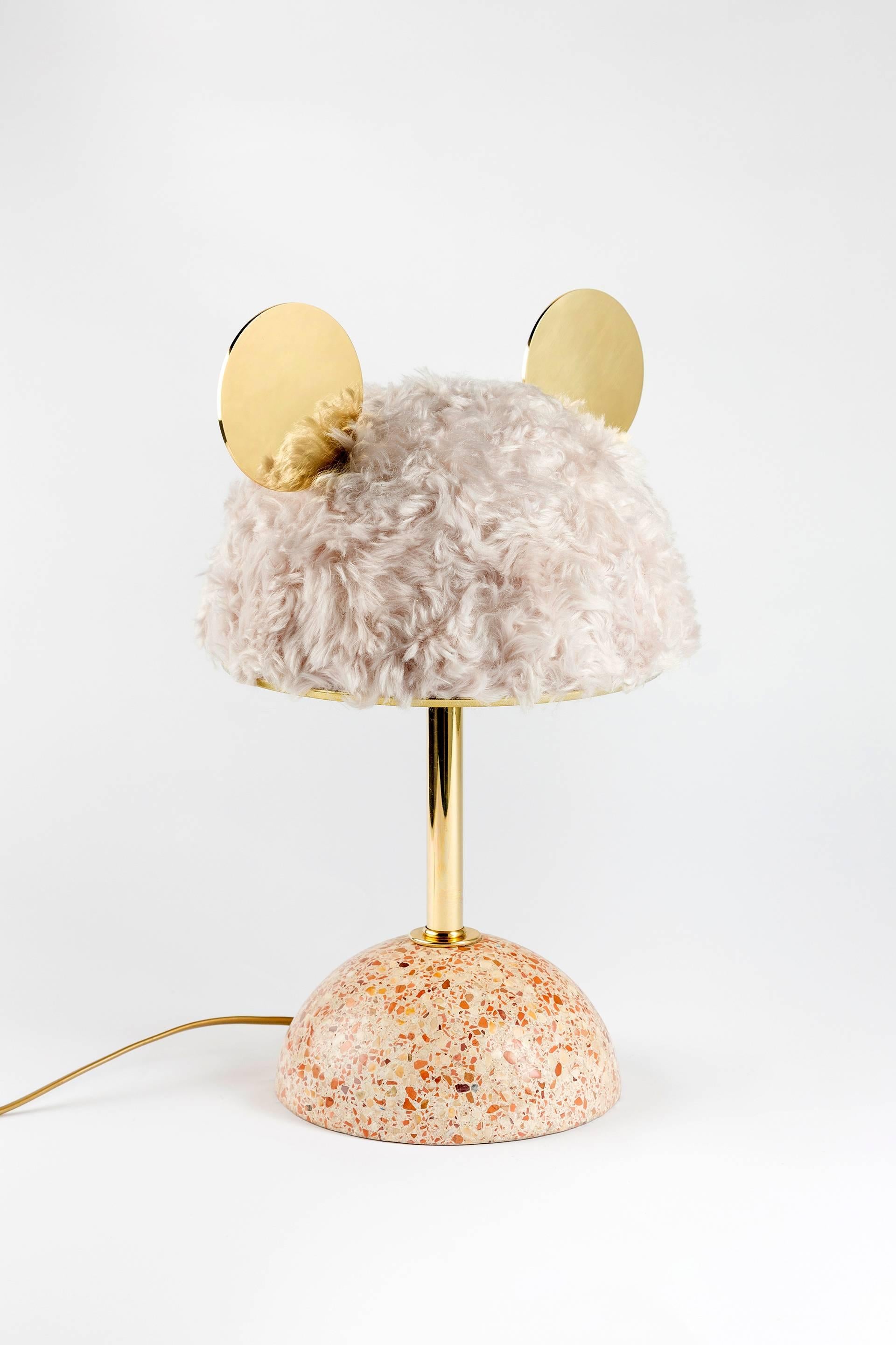 Arts and Crafts 21st Century Minos Table Lamp in White Mohair, Terrazzo and Polished Brass For Sale
