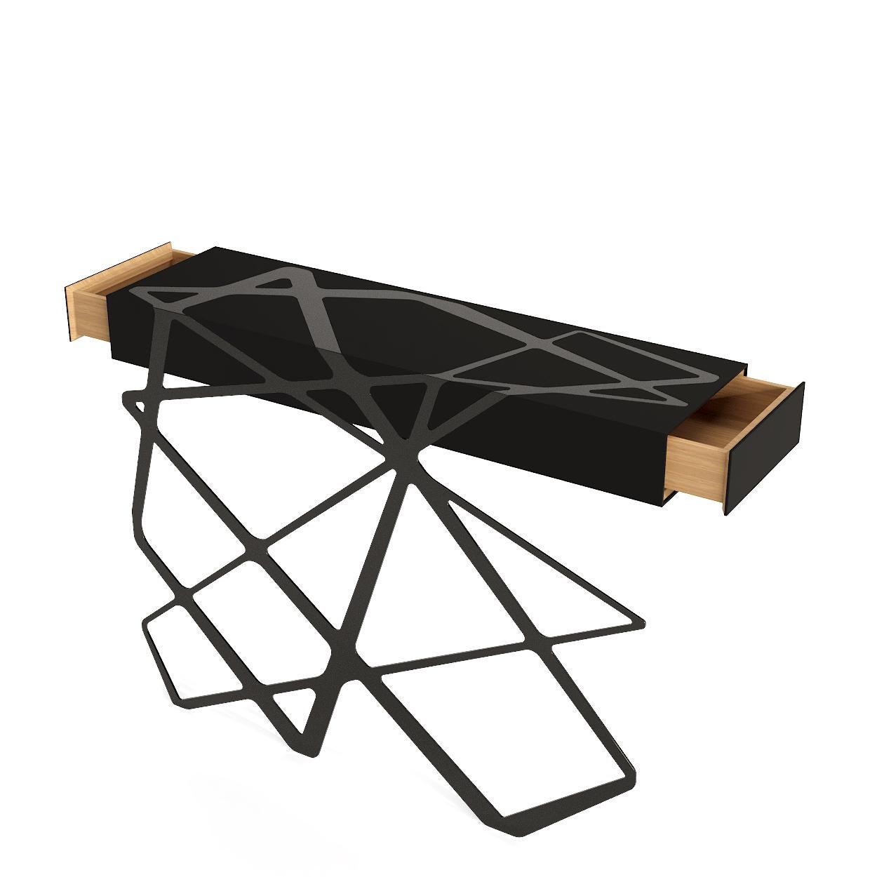 Brushed Organic Modern Accent Console Table High-Gloss Black Steel Matte Black Lacquer For Sale