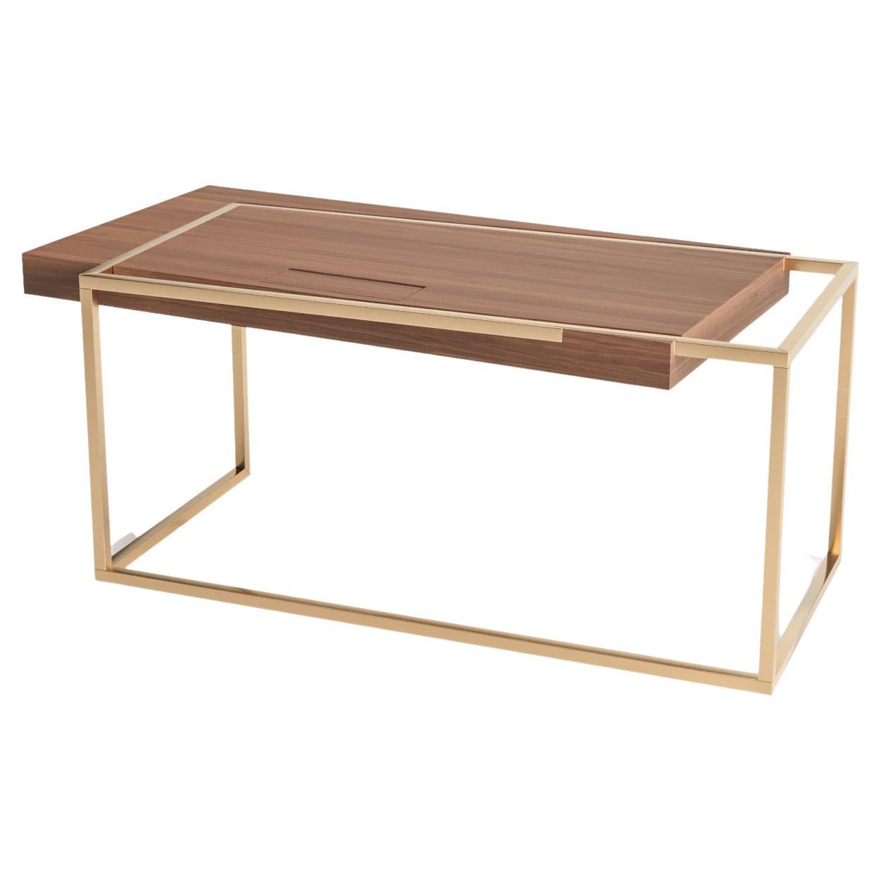 Home Office Accent Writing Executive Desk in Walnut Wood and Brushed Brass
