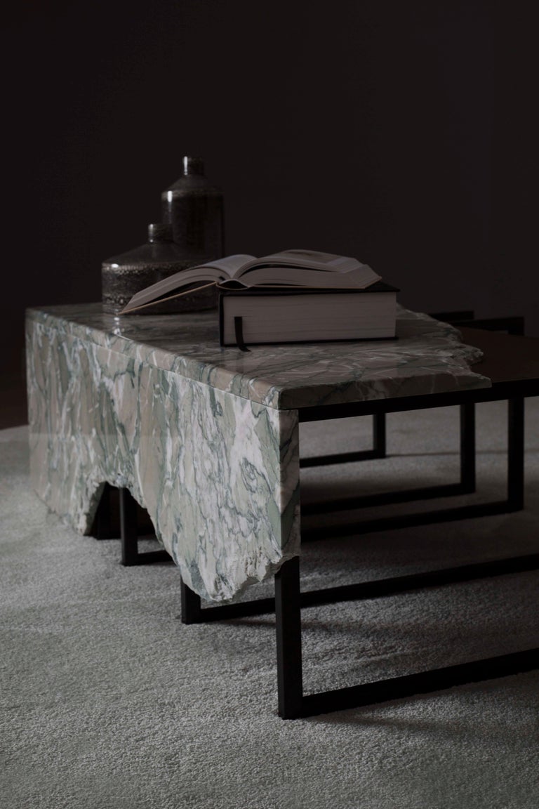 21st century contemporary modern Aire coffee table verde antigua marble dark oxidised brass handcrafted in Europe by Greenapple. 

Aire coffee table materials 
Coffee table top in polished Verde Antigua marble with a split face effect on the