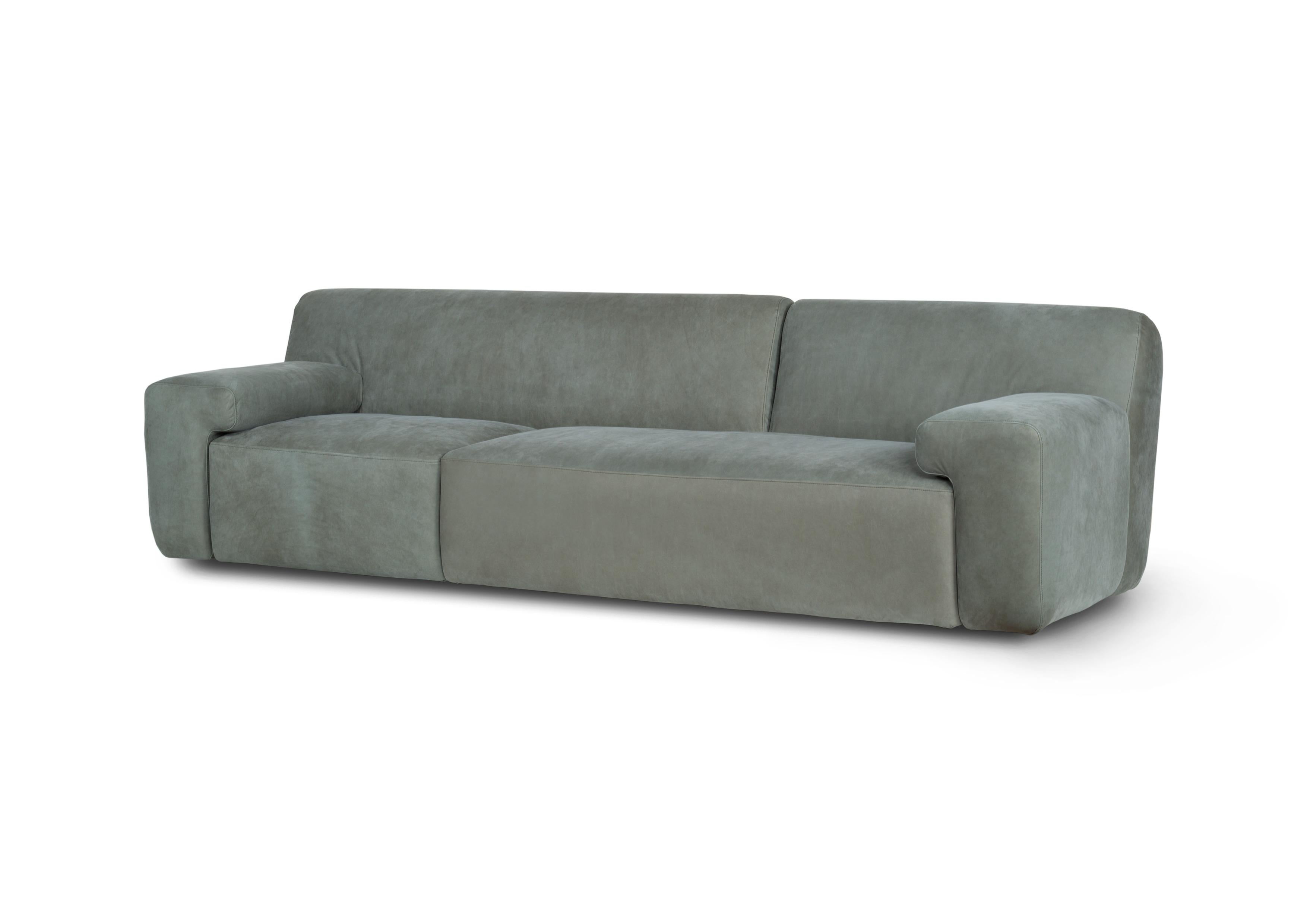 Modern Almourol Sofa, Light Blue Leather, Handmade in Portugal by Greenapple For Sale 2