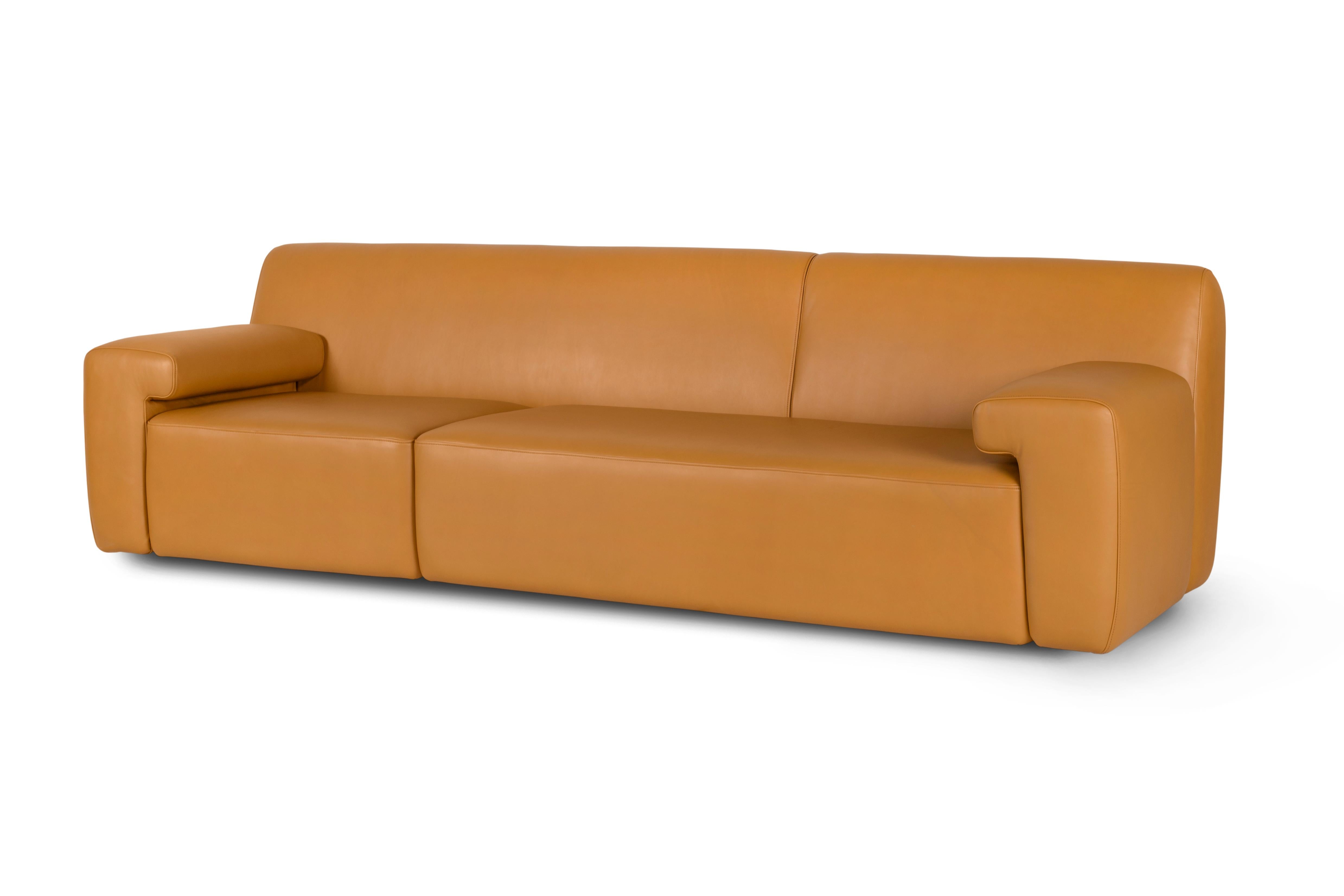 Brass Modern Almourol Sofa, Light Blue Leather, Handmade in Portugal by Greenapple For Sale