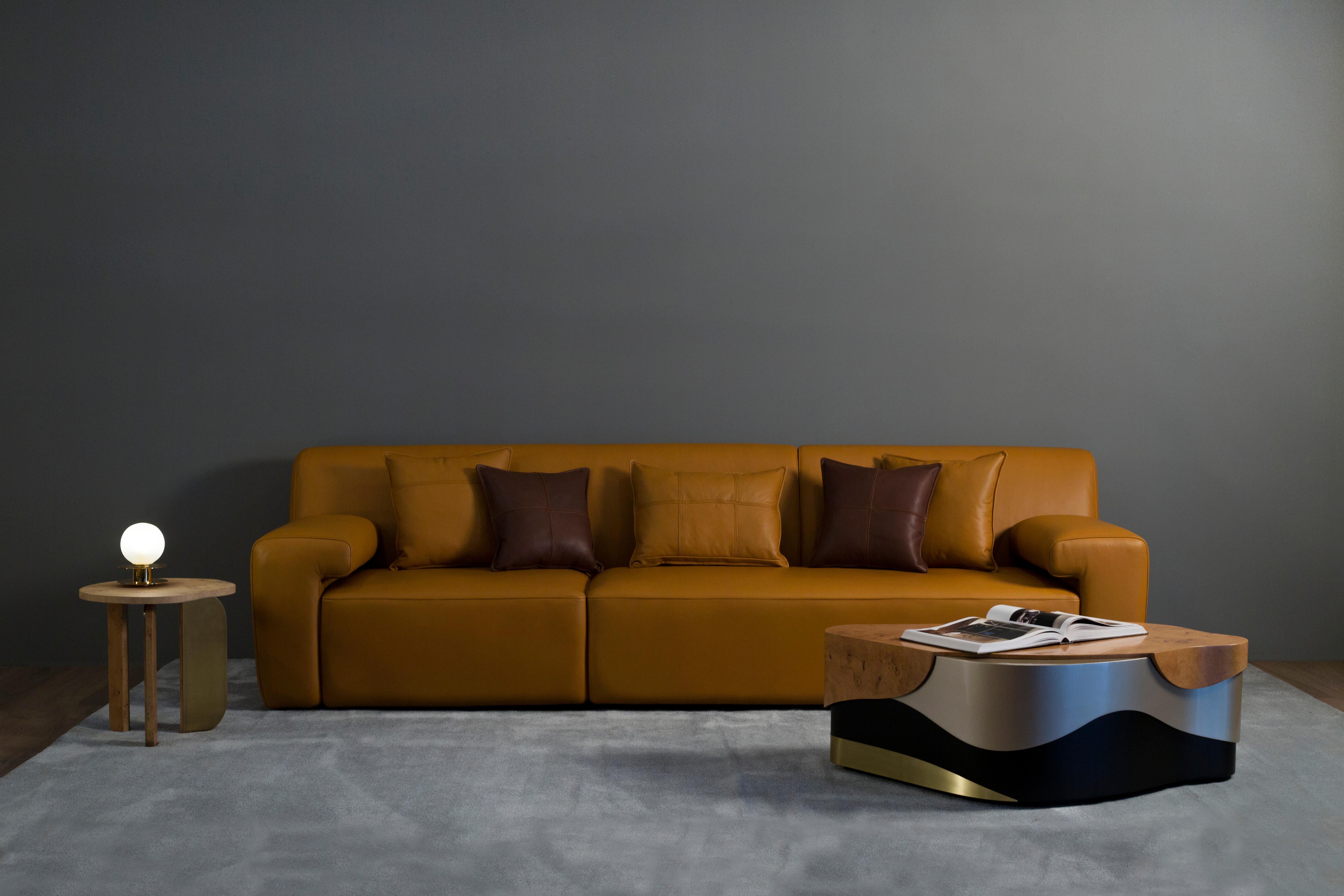 Modern Almourol Sofa, Camel Italian Leather, Handmade in Portugal by Greenapple For Sale 5