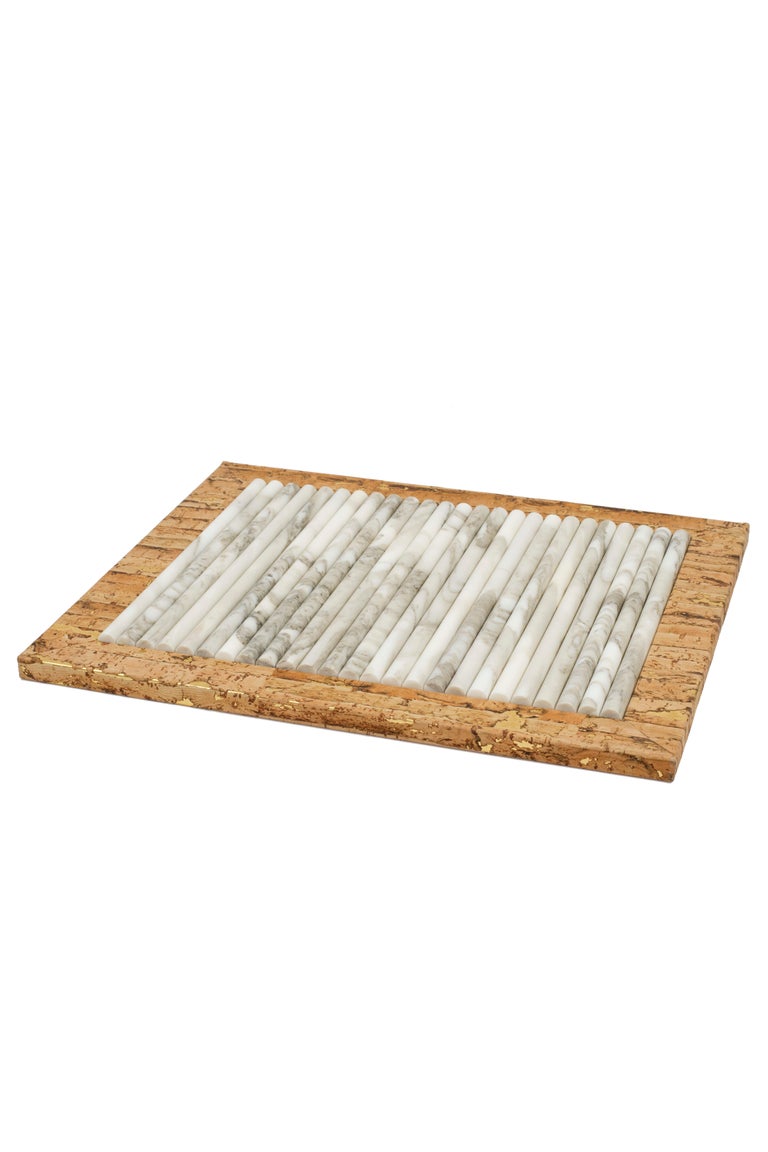 Portuguese Serving Tray, Calacatta Marble & Cork, Handmade in Portugal by Lusitanus Home For Sale