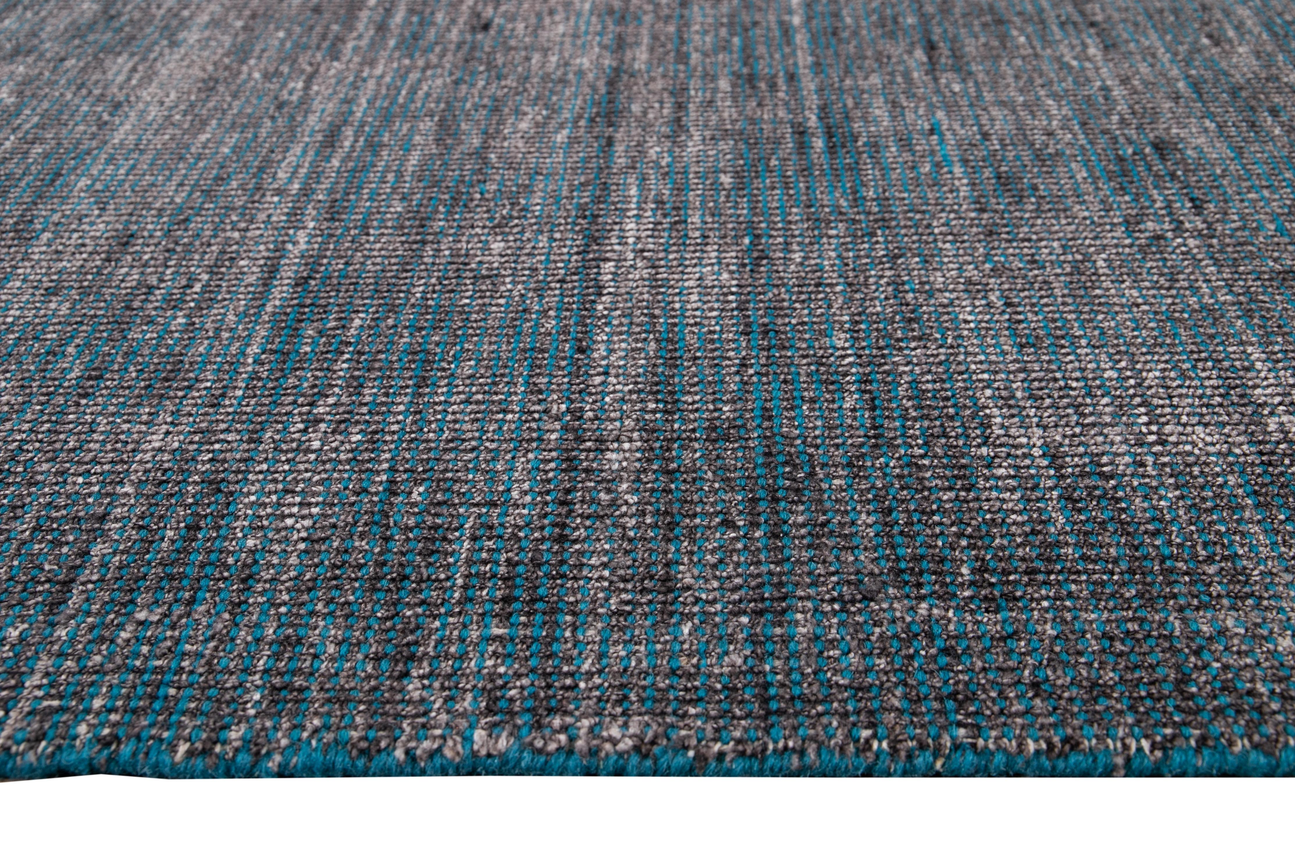 Indian Apadana Blue Modern Bamboo/Silk Boho Handmade Rug For Sale