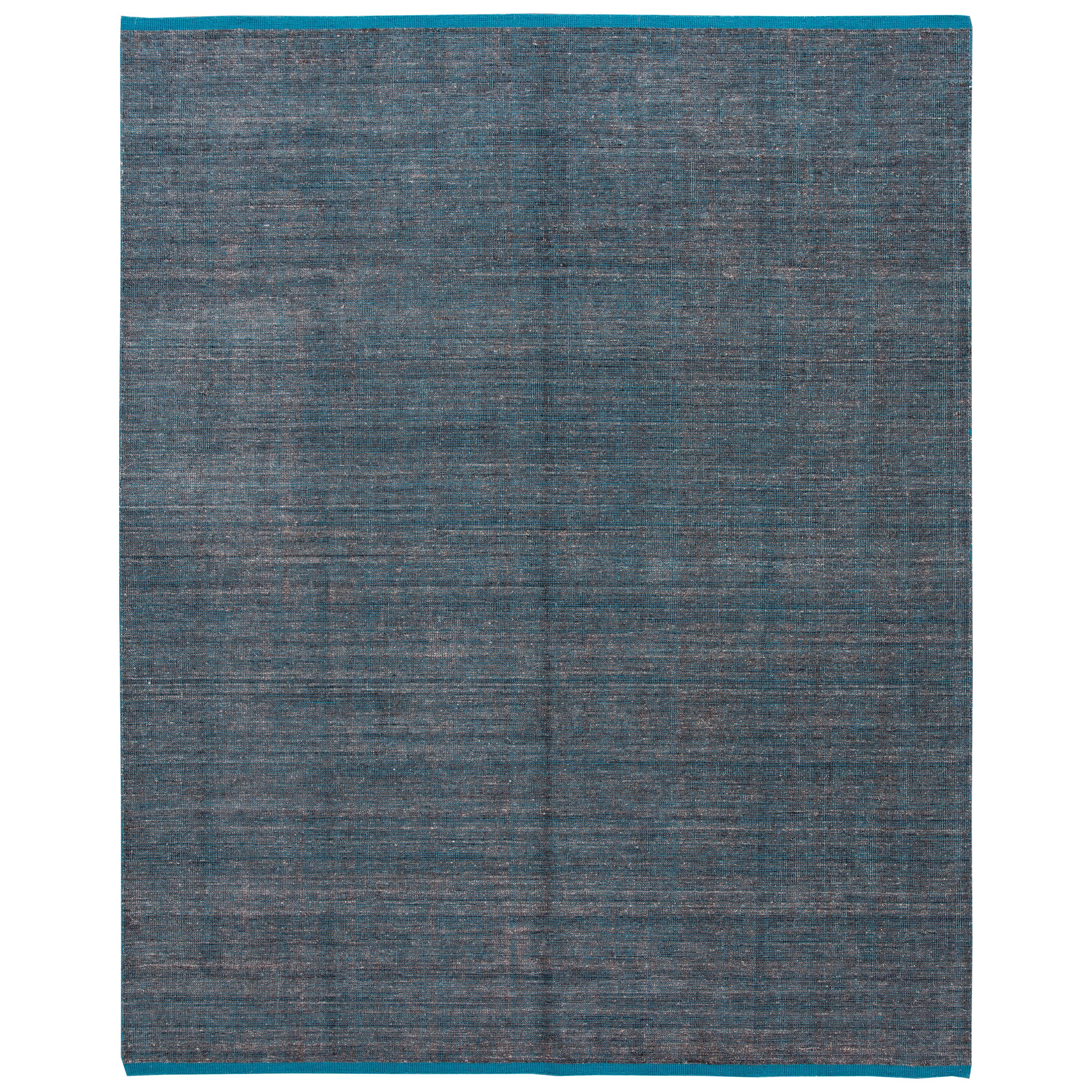 Apadana Blauer moderner Boho-Teppich aus Bambus/Seide, handgefertigt