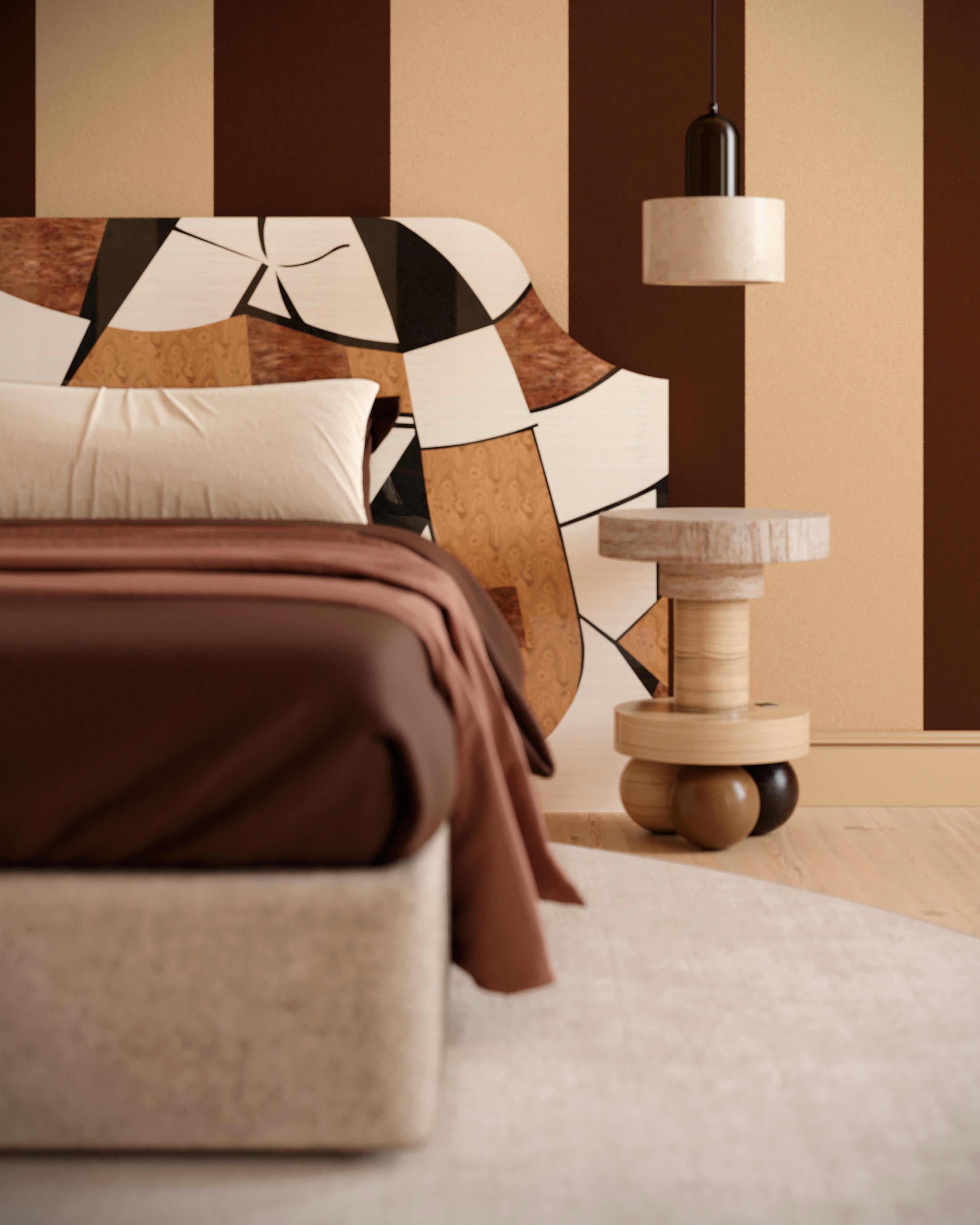 Hand-Crafted 21st Century Modern Bed King Size Wood Headboard Marquetry Abstract Pattern For Sale