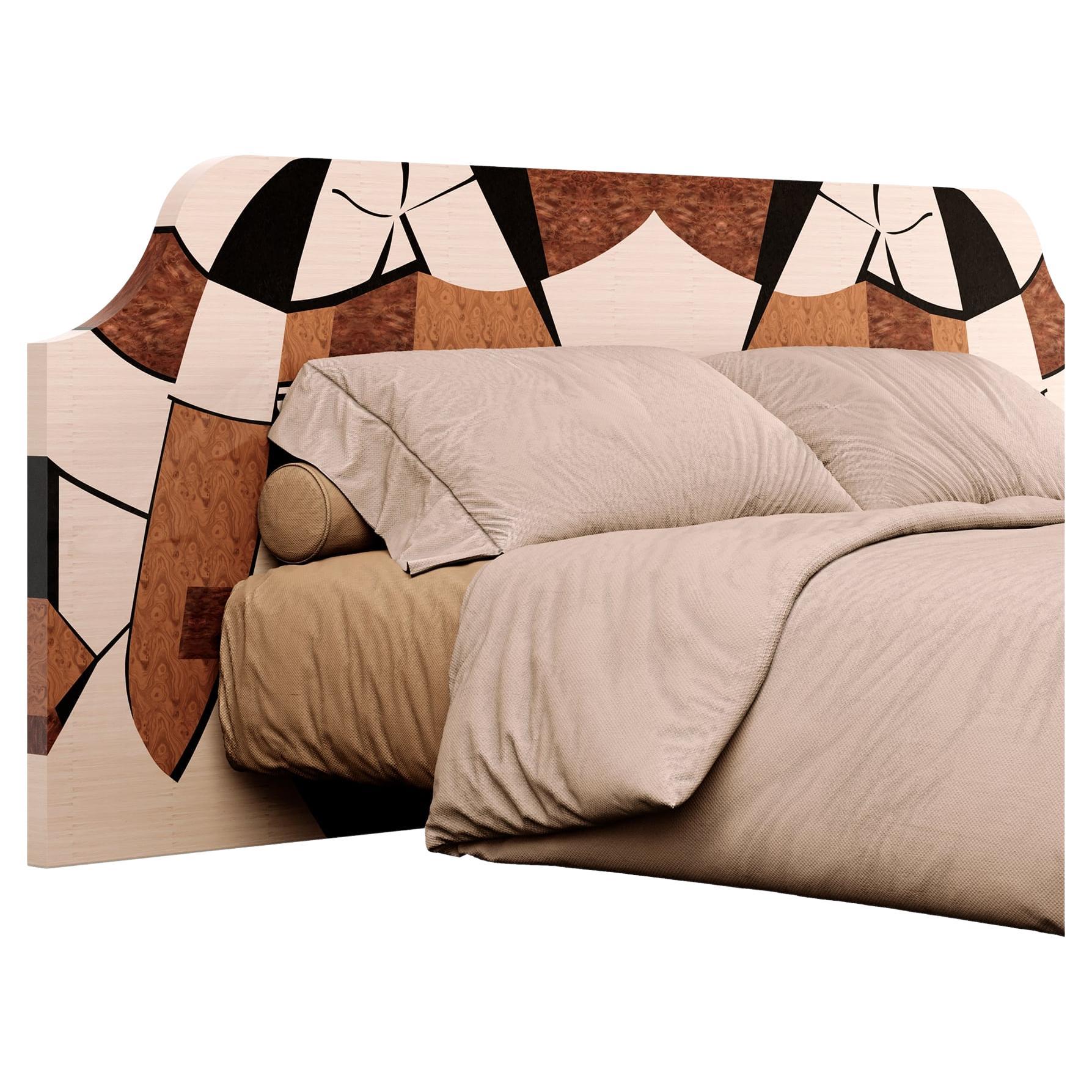 21st Century Modern Bed King Size Wood Headboard Marquetry Abstract Pattern In New Condition For Sale In Porto, PT