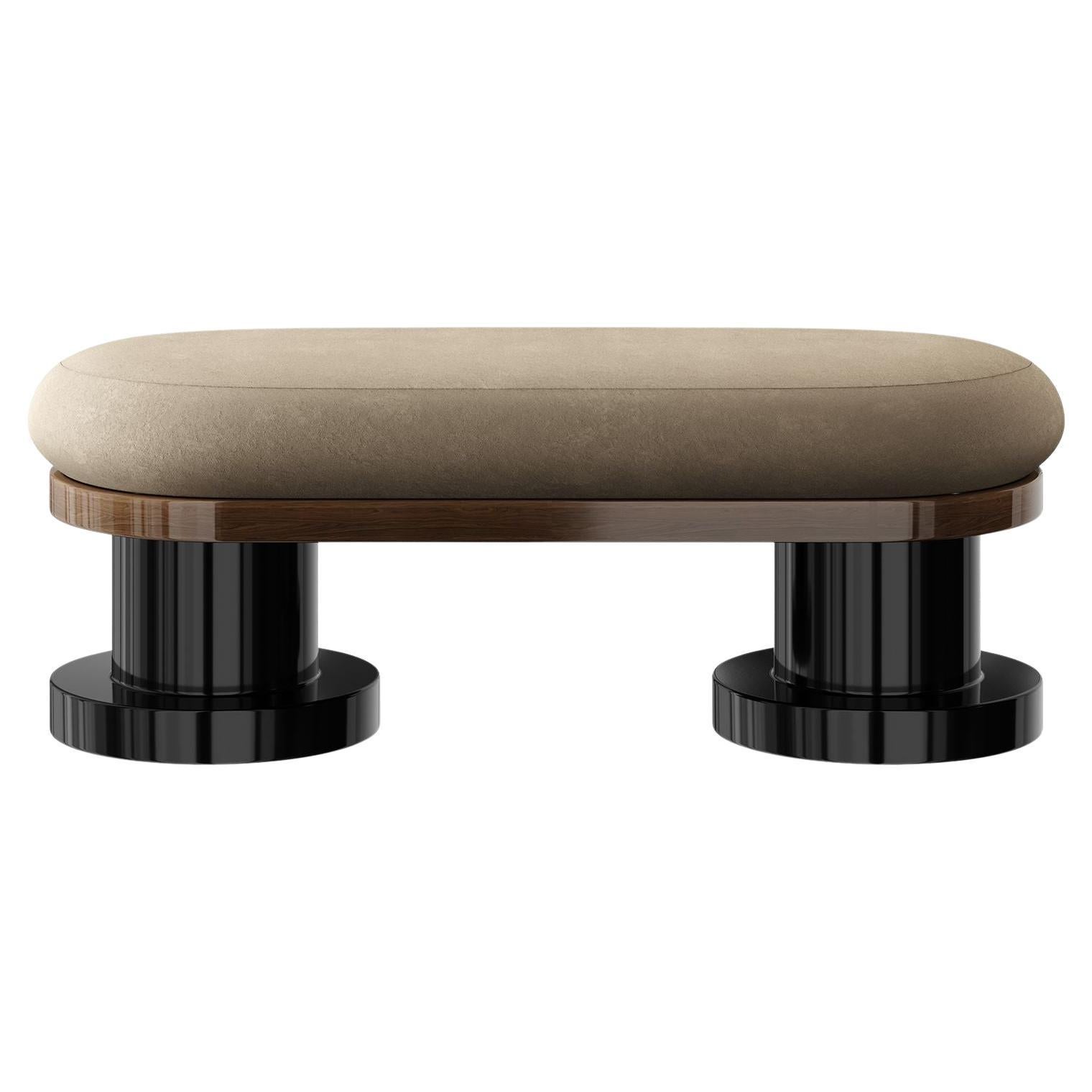 21st Century Modern Bench Beige Suede, Walnut Wood Base & Black Lacquered Legs
