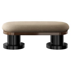21st Century Modern Bench Beige Suede, Walnut Wood Base & Black Lacquered Legs