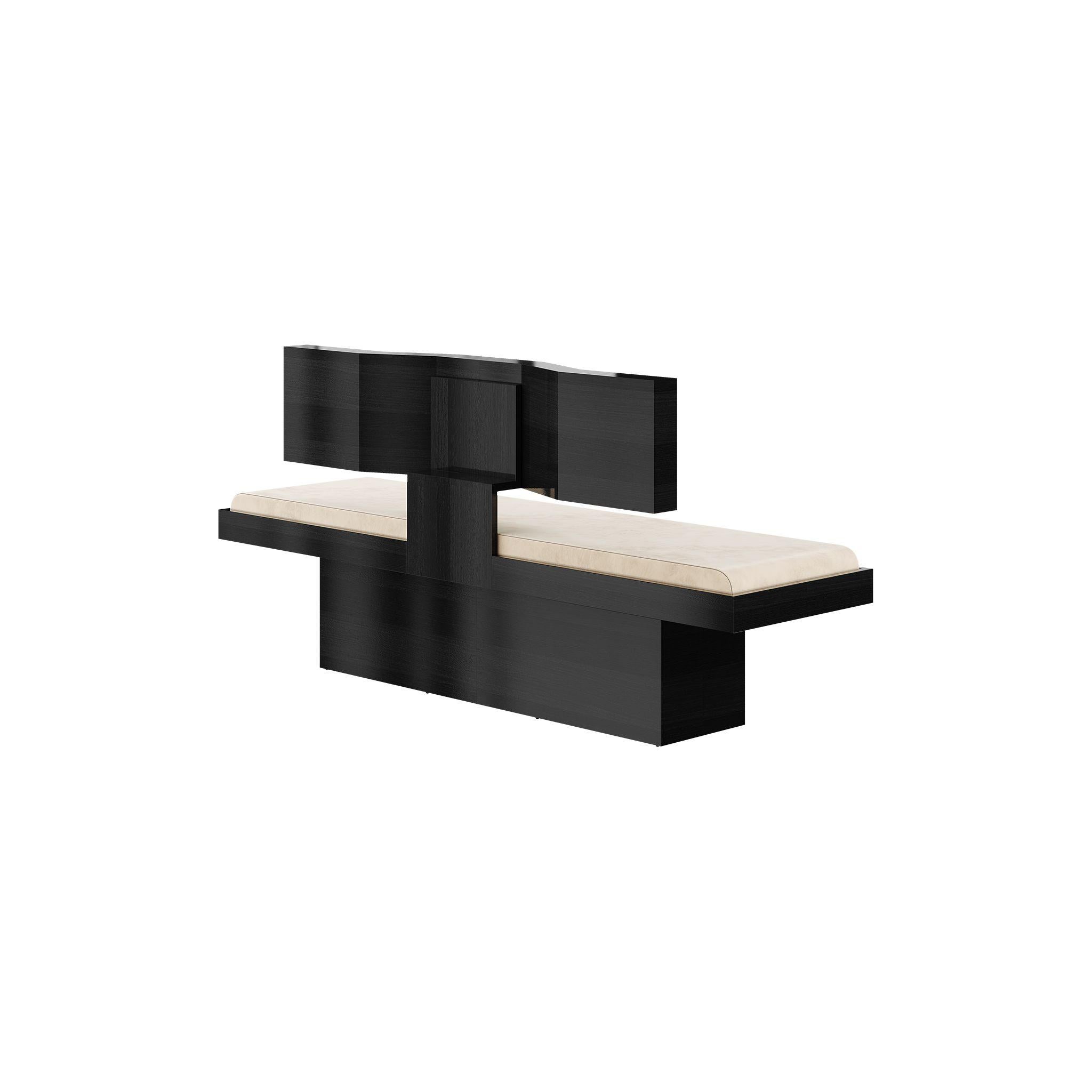 Portuguese 21st Century Modern Black Wenge Wood Bench Cream Velvet Seat Arts & Crafts Style For Sale