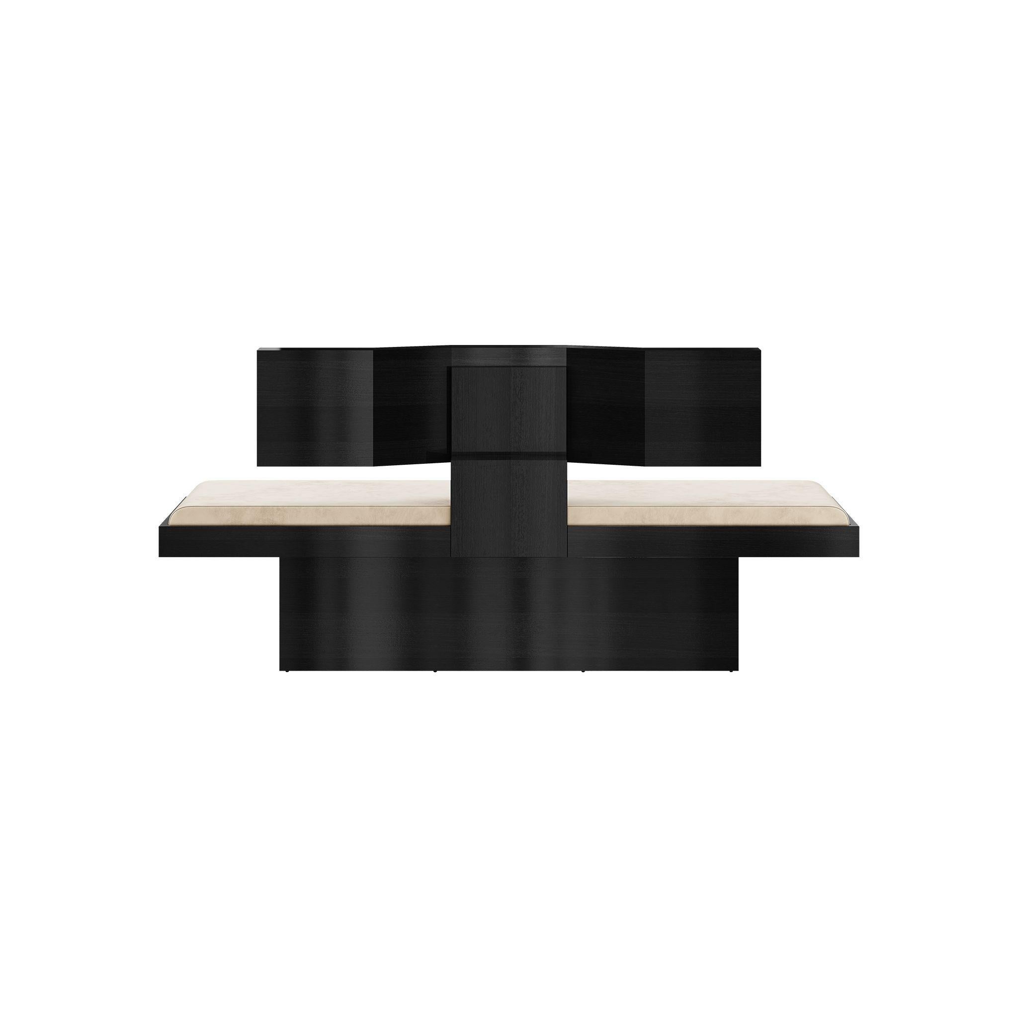 Hand-Crafted 21st Century Modern Black Wenge Wood Bench Cream Velvet Seat Arts & Crafts Style For Sale