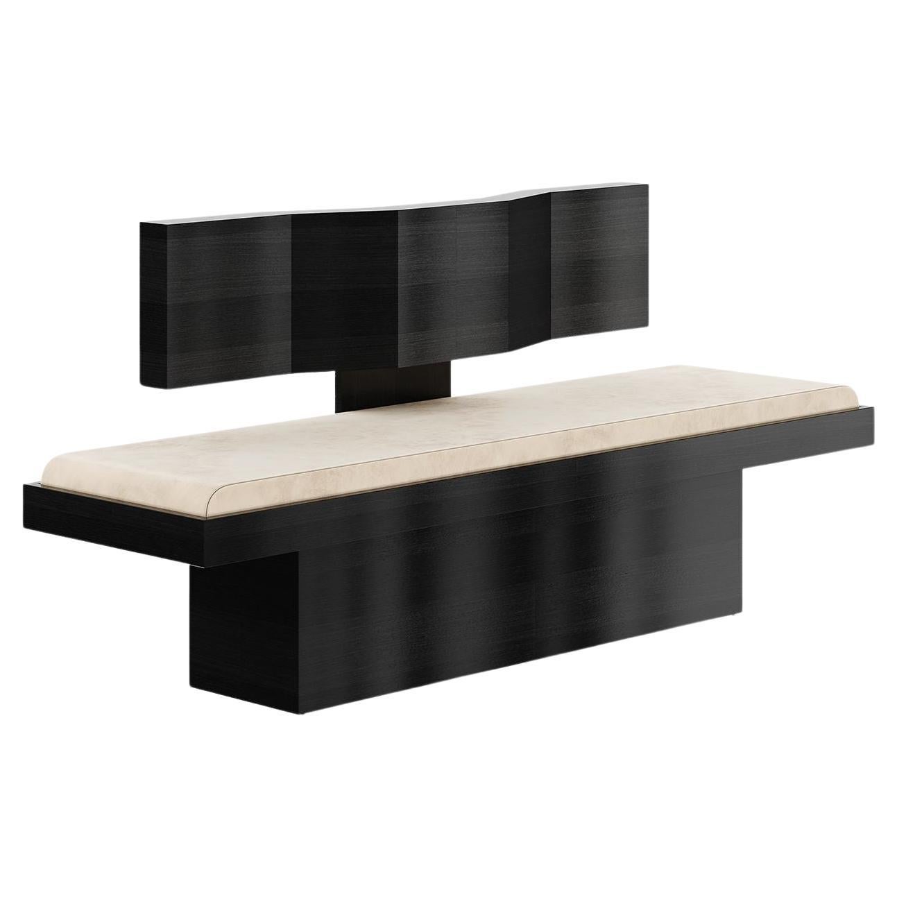 21st Century Modern Black Wenge Wood Bench Cream Velvet Seat Arts & Crafts Style