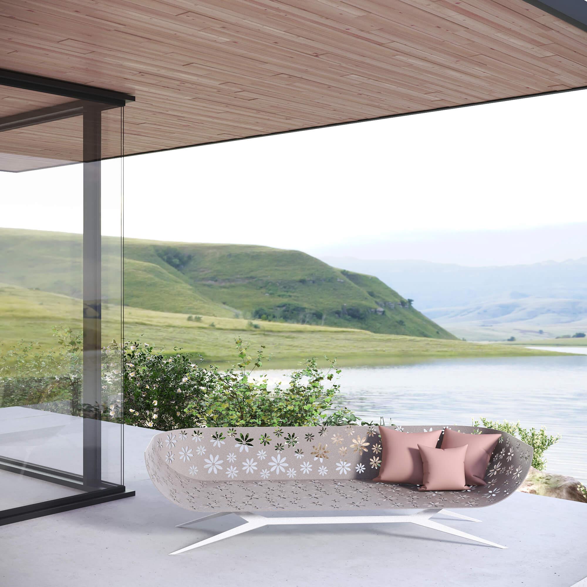 Modernes blau-grünes Dreisitzer-Sofa für den Außenbereich Gebogene Rückenlehne mit ausgeschnittenen Blumen im Angebot 5