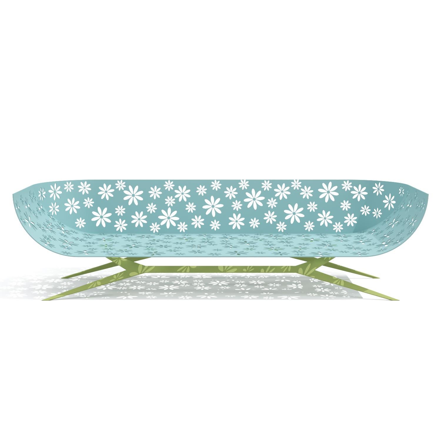 Modern Blue & Green Outdoor Two-Seater Sofa Curved Back with Cutted Flowers For Sale 9