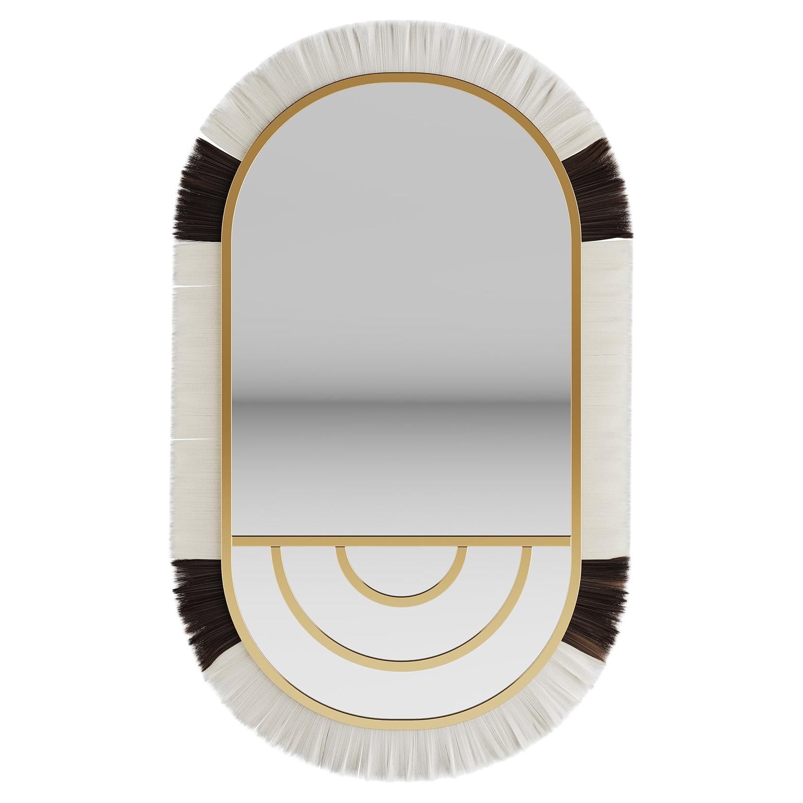 21st Century Modern Bohemian Oval Wall Mirror in Natural Black & White Fiber For Sale