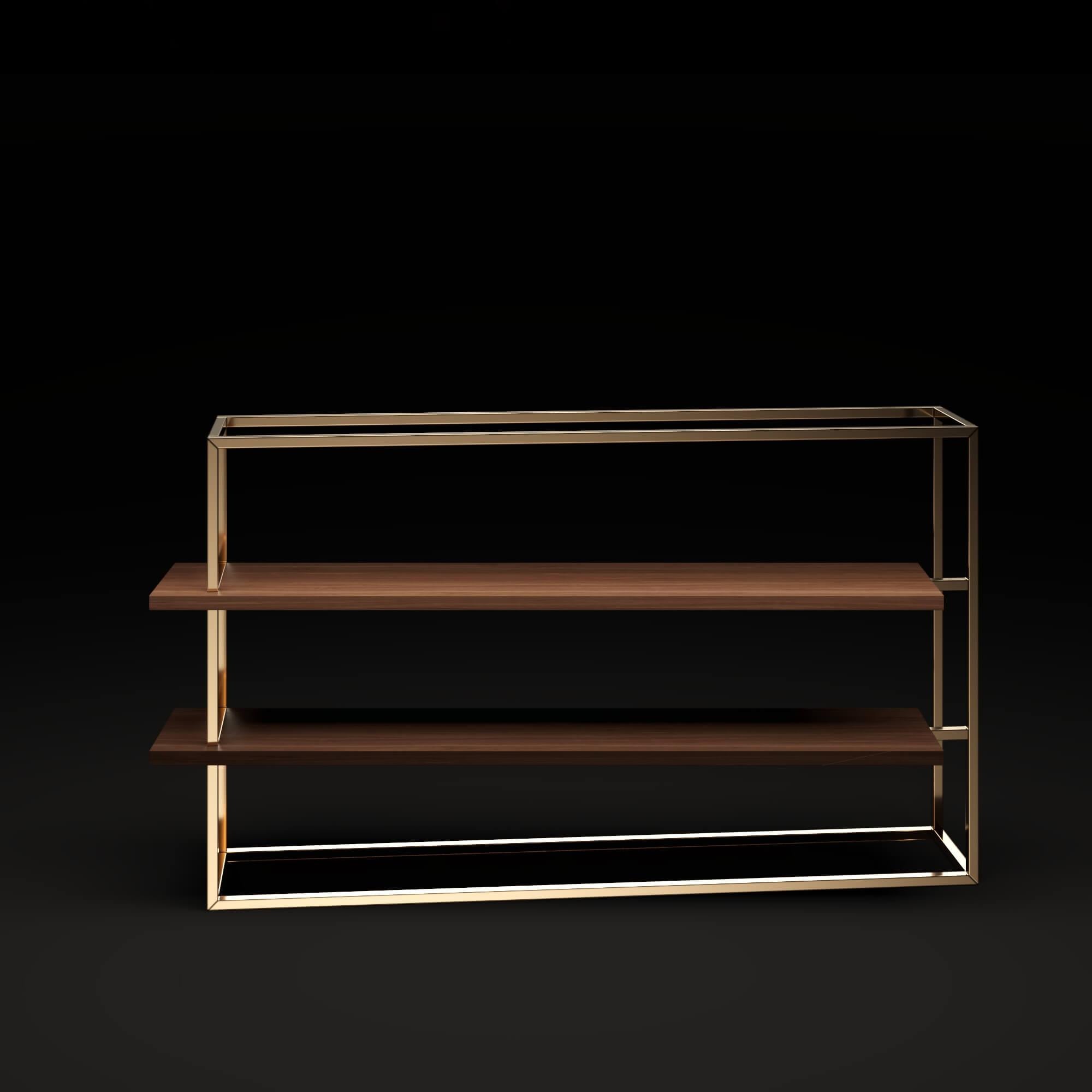 wood and brass shelves