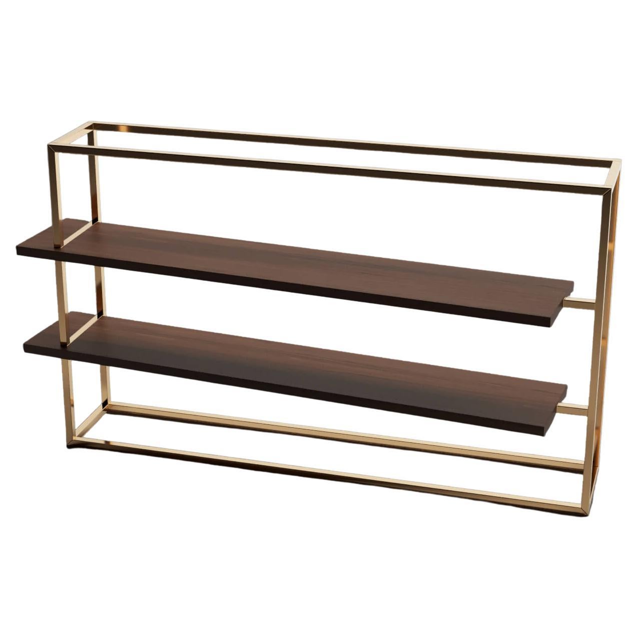 Modern Minimalist Bookcase with Shelves in Walnut Wood and Brushed Brass