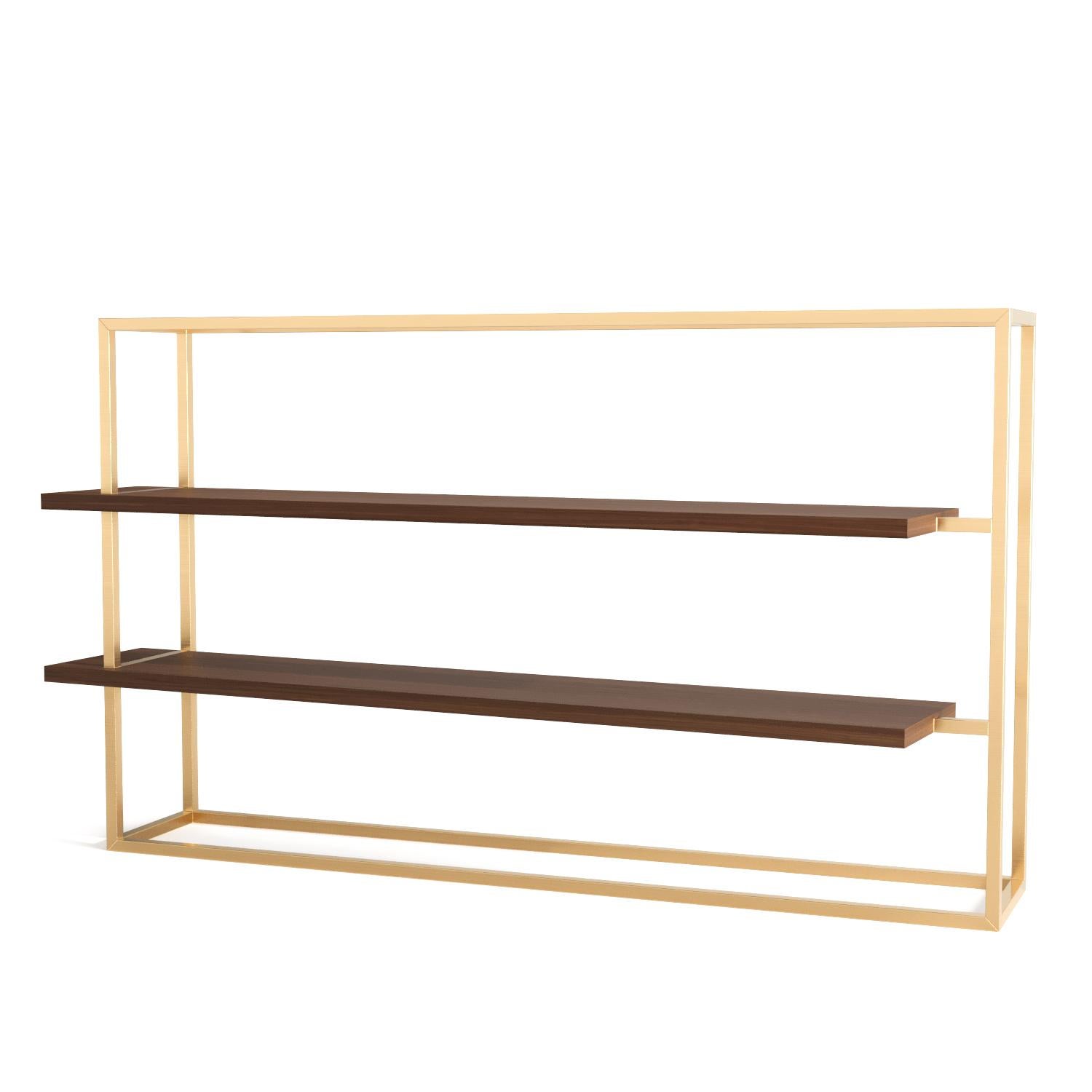 Portuguese Modern Bookcase with Shelves in Walnut Wood and Brushed Brass For Sale