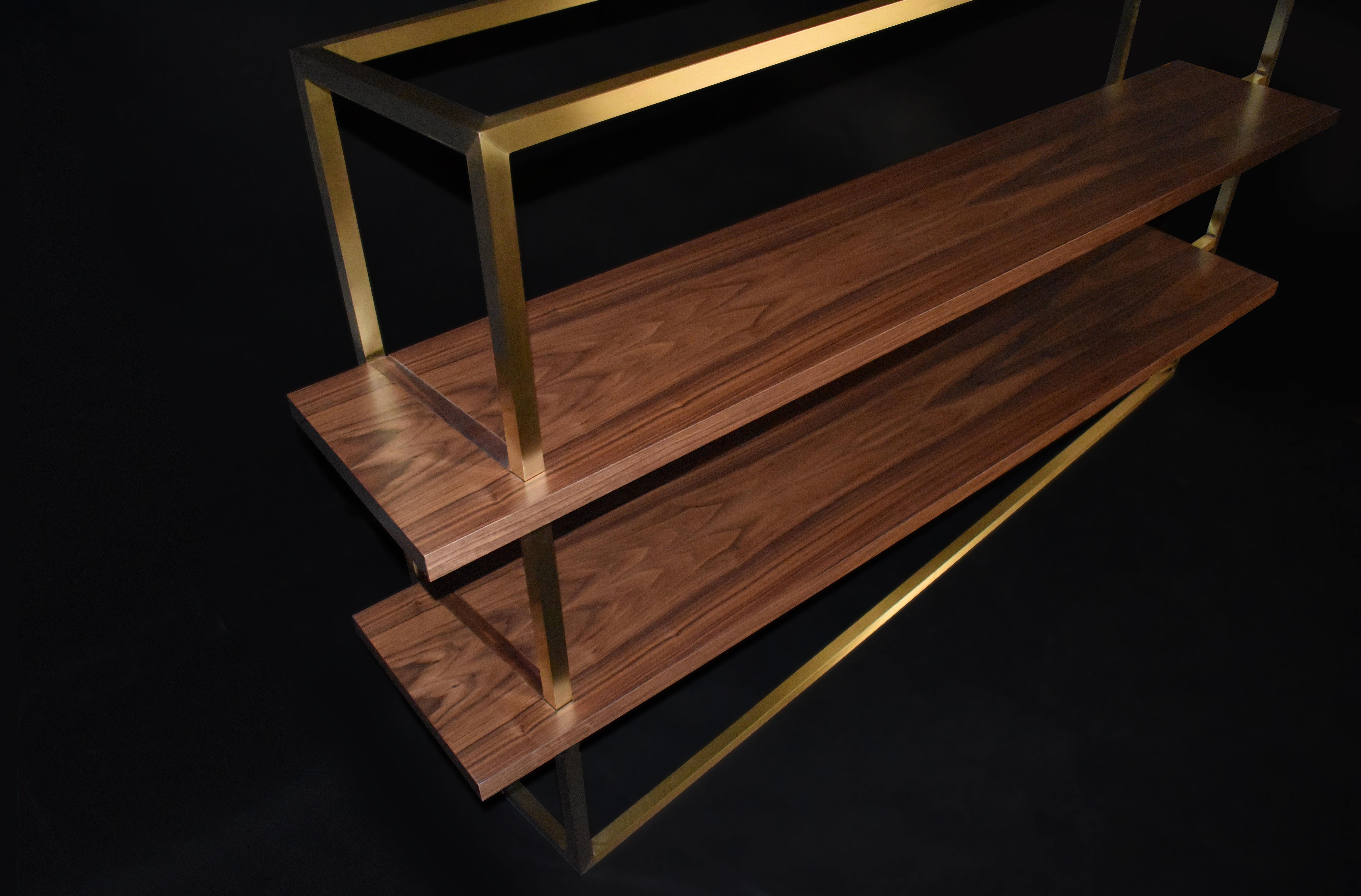 Modern Bookcase with Shelves in Walnut Wood and Brushed Brass For Sale 2