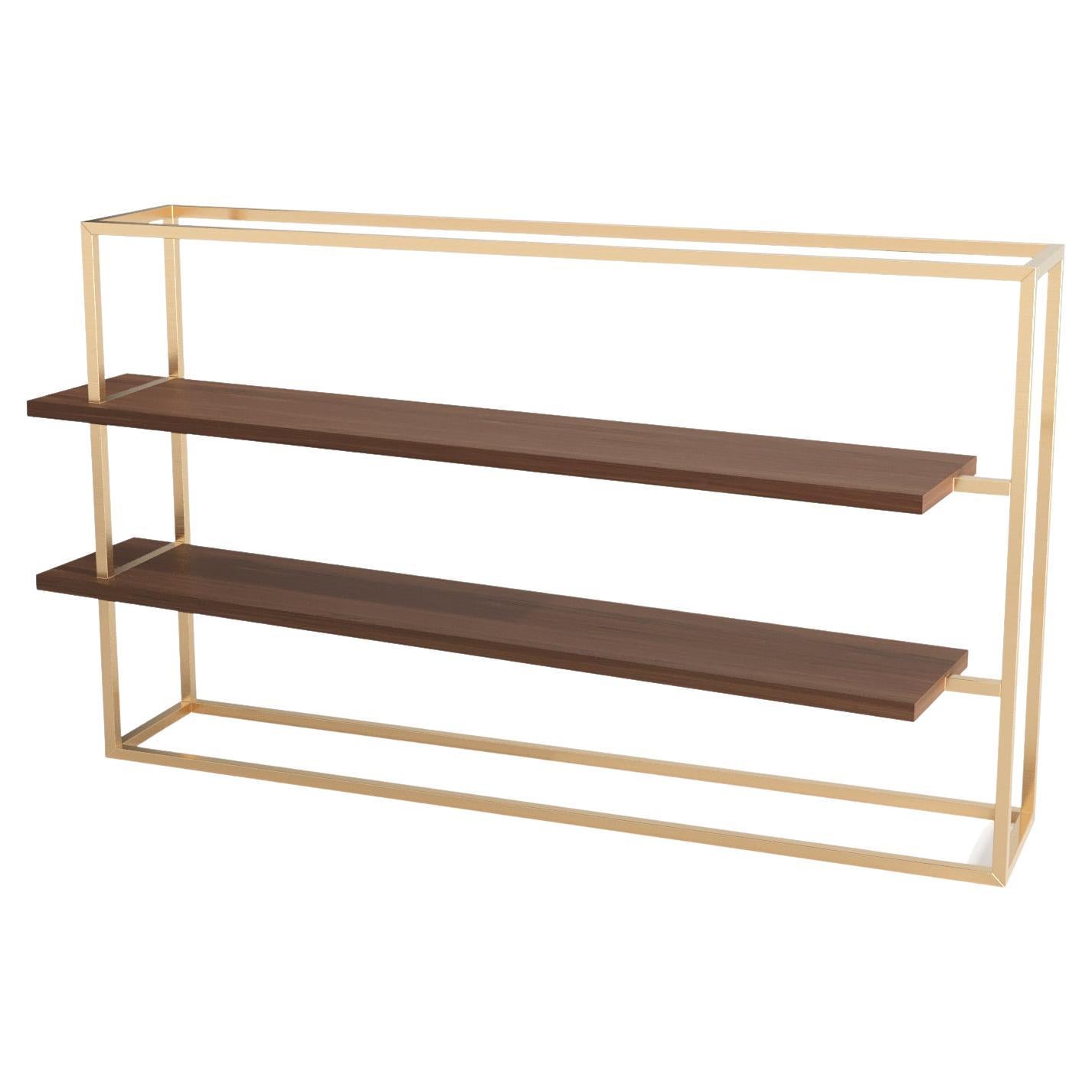 Contemporary Modern Minimalist Bookcase with Shelves Ebony Macassar Wood Brushed Brass For Sale