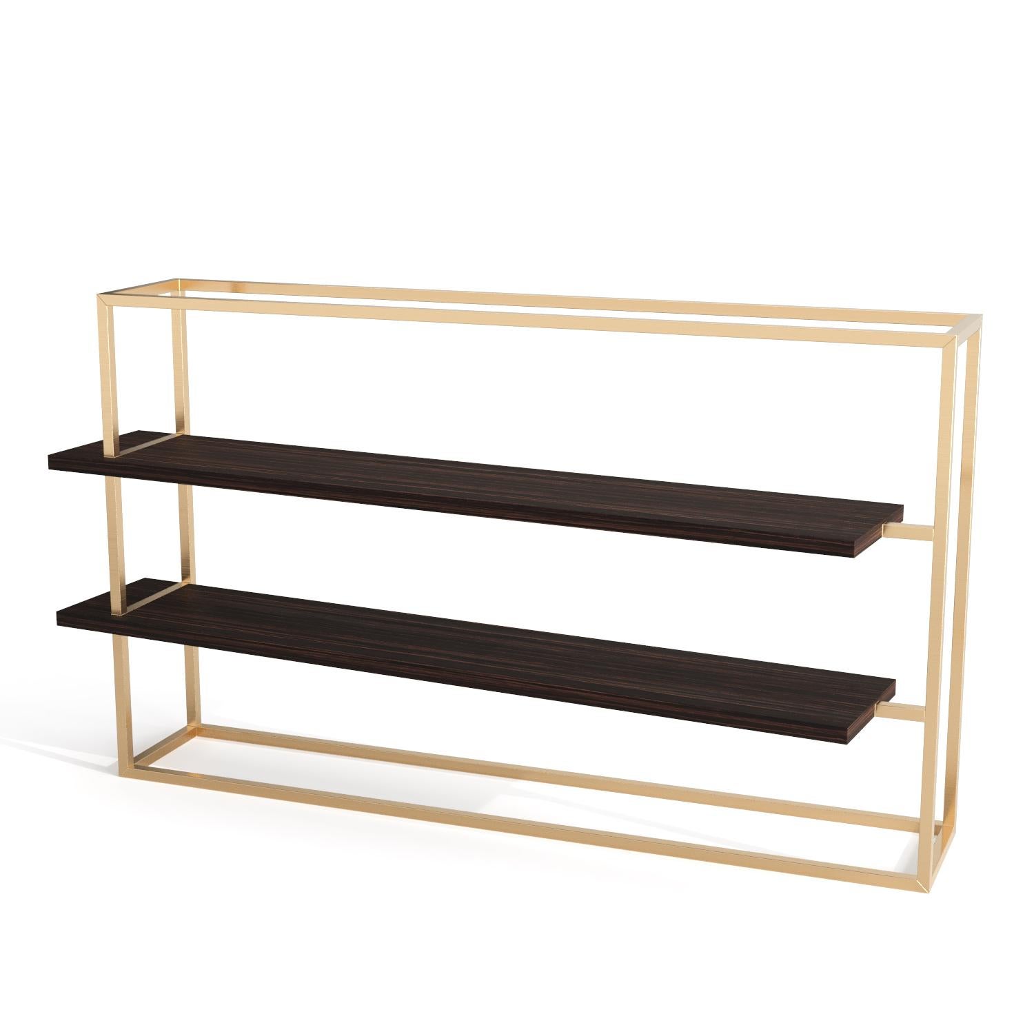 Modern Bookcase with Shelves in Walnut Wood and Brushed Brass For Sale 4