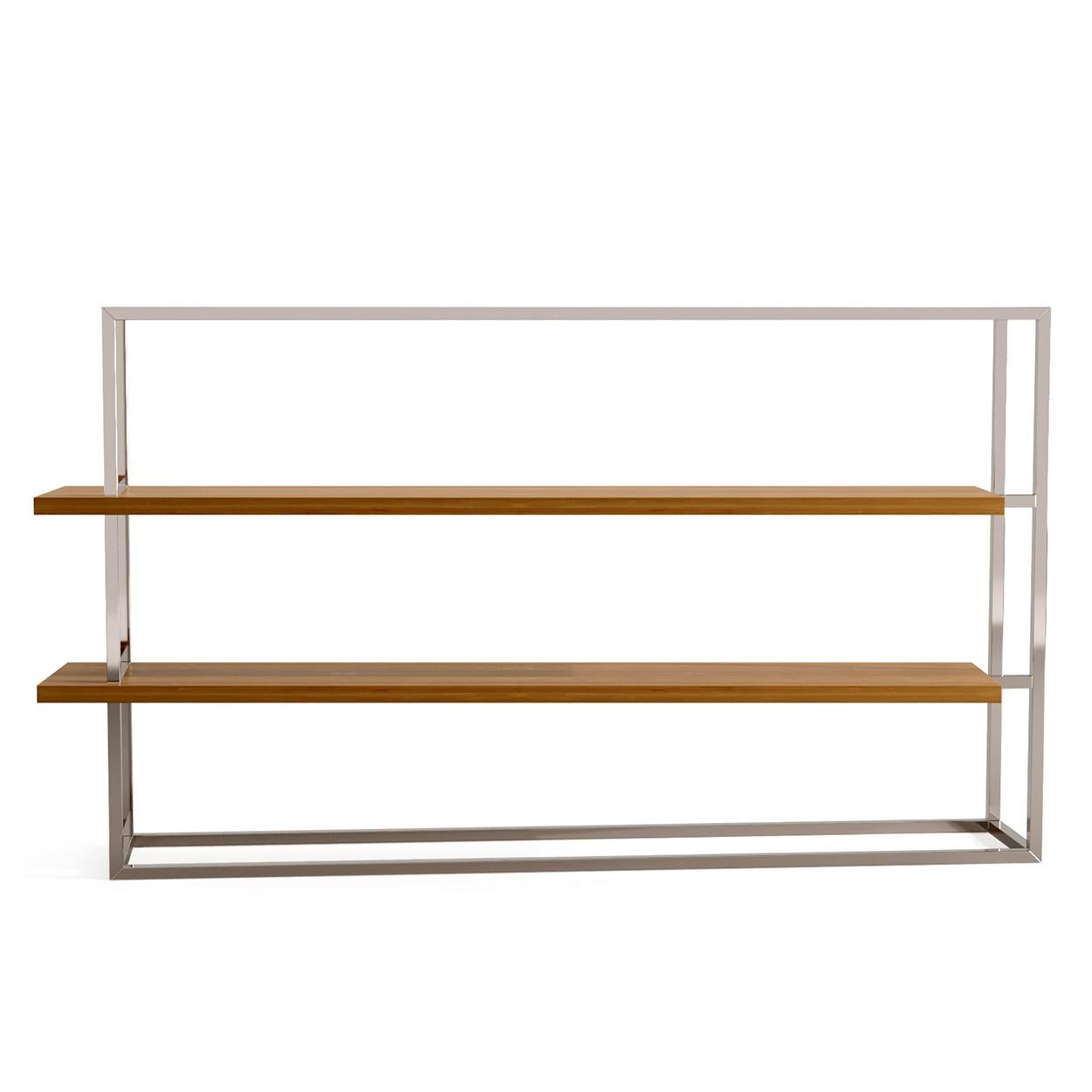 Portuguese Modern Minimalist Bookcase with Shelves Oak Wood Brushed Stainless Steel For Sale