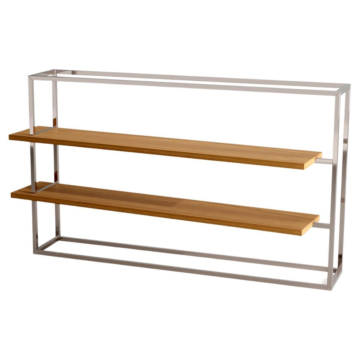 Modern Minimalist Bookcase with Shelves Oak Wood Brushed Stainless Steel
