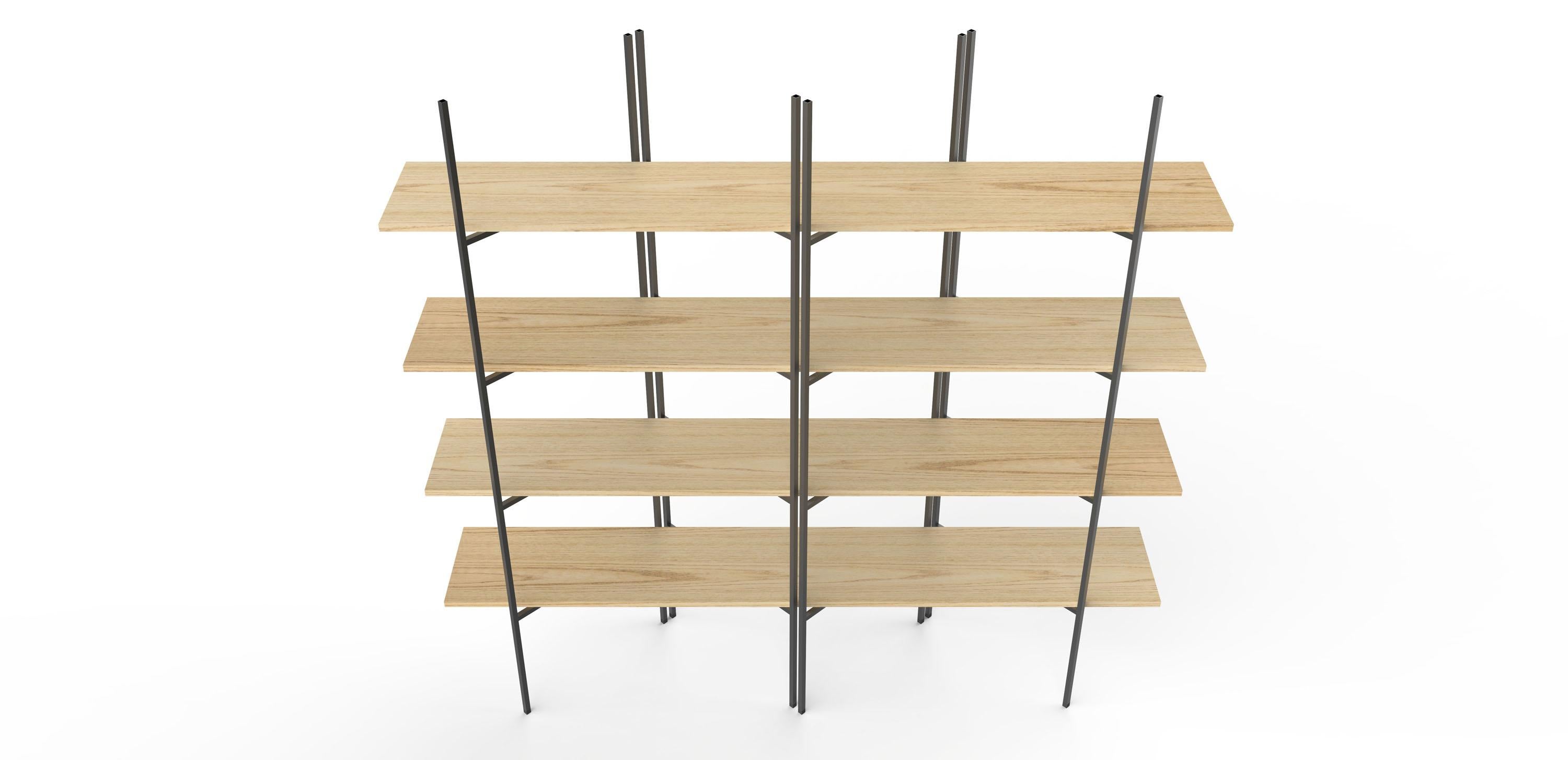 This is a very flexible shelving system that can suit any type of space. With a simple shifting in the assembling of the shelves, a variety of possible configurations is available, different in terms of shape and dimensions: linear, on a corner or
