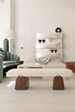 21e siècle, moderne, Boucl, laiton, sculpté à la main, chêne, meubles, banc IO