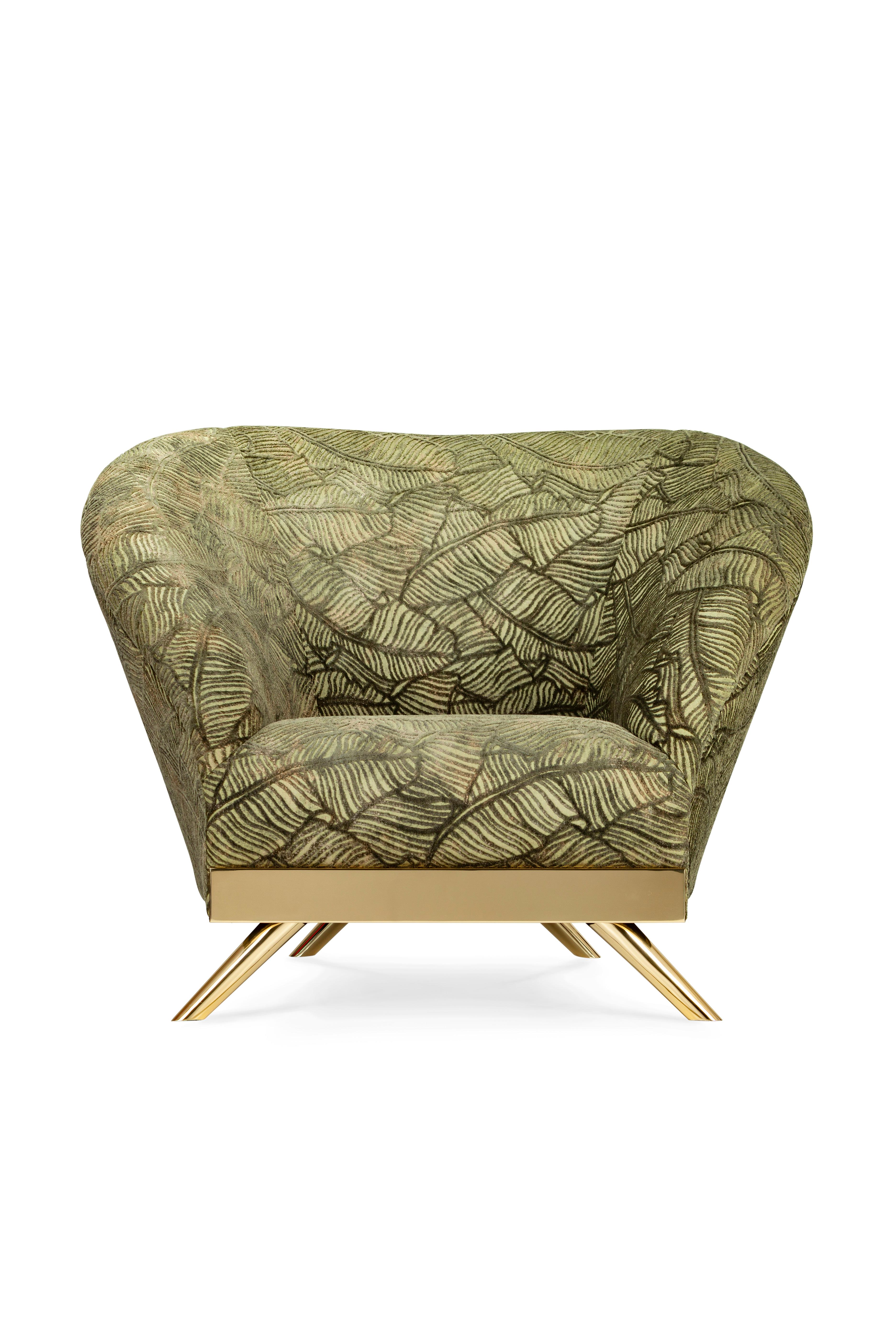 Cambridge armchair, Modern Collection, Handcrafted in Portugal - Europe by GF Modern.

With an elegant design inspired by the eternal surroundings of bohemian life, Cambridge exudes a stylish yet serene feel. The polished brass legs and structure
