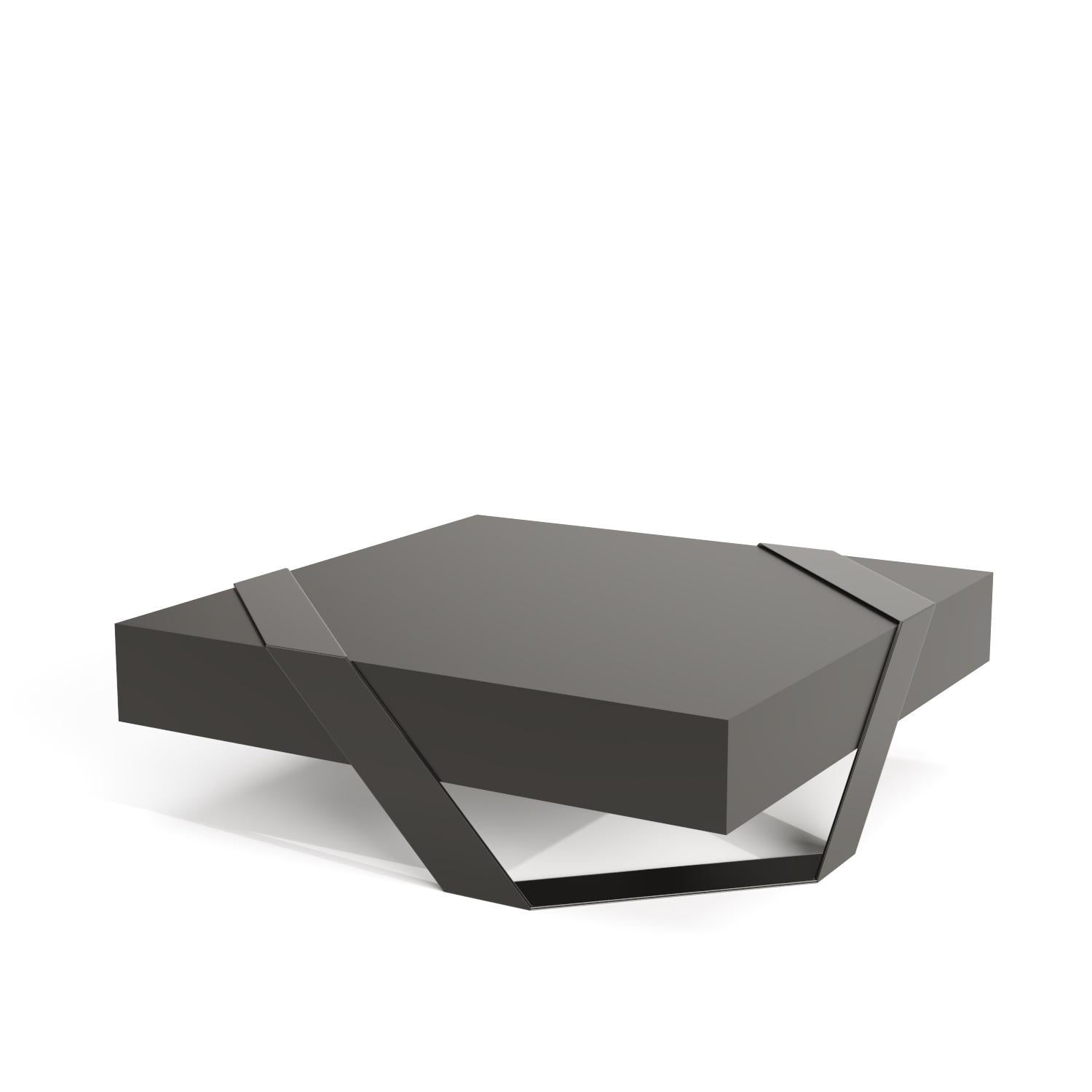 The Gift Wrap 1st Movement Center Coffee Table listed here is crafted of matt black lacquered wood and high-gloss black lacquered steel. 

We can also produce this in customised options: 
Tabletop: Another kind of wood (walnut, ebony, macassar,
