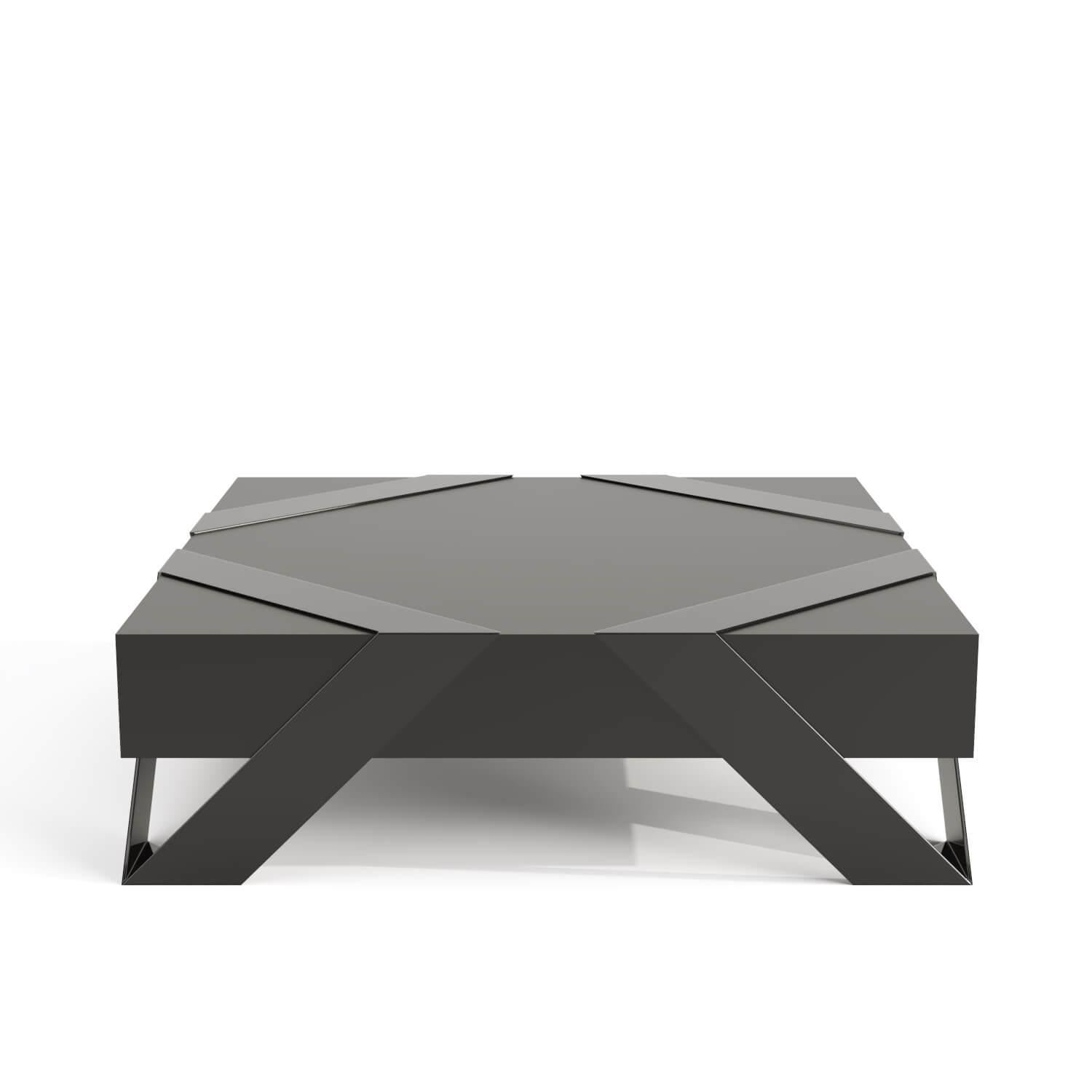 Cut Steel Modern Minimalist Square Coffee Table Black Lacquer Brushed Stainless Steel For Sale