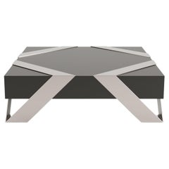 21st Century Modern Center Coffee Table Black Lacquer Brushed Stainless Steel